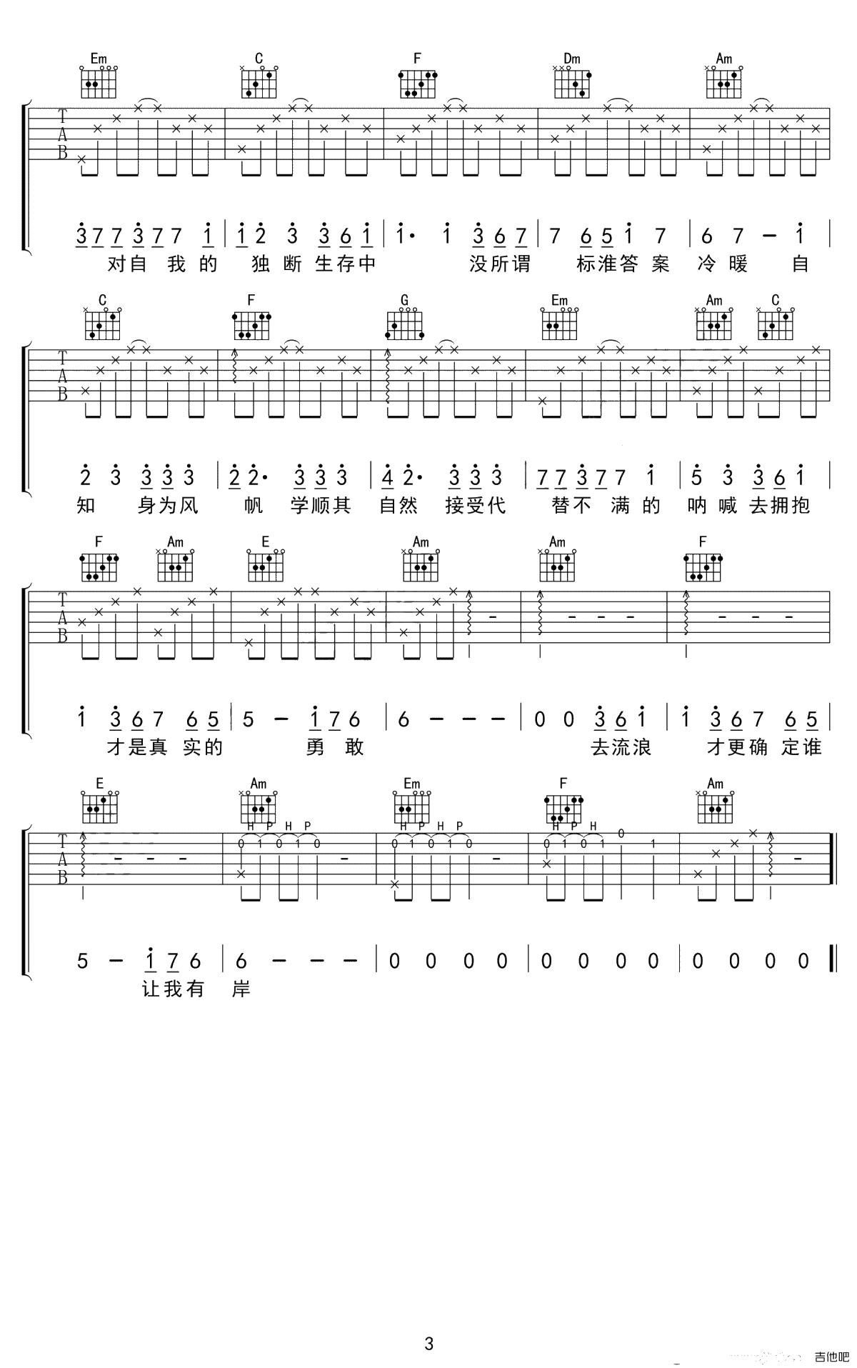 身为风帆吉他谱-林俊杰-C调六线谱-高清3