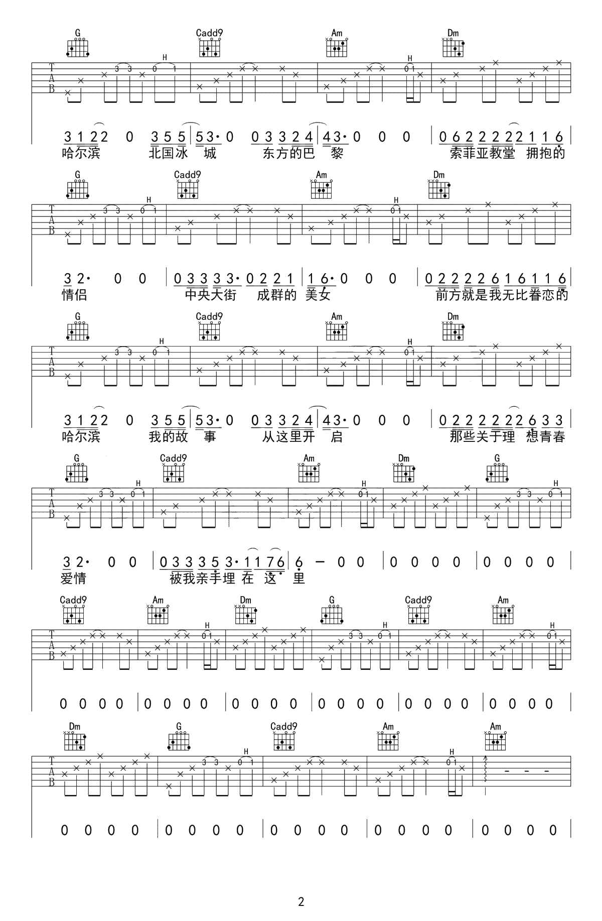 前方到站哈尔滨吉他谱-刘鹏鹏-C调弹唱谱-抖音歌曲2