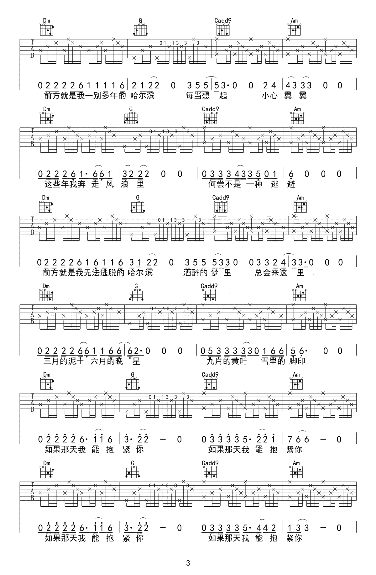前方到站哈尔滨吉他谱-刘鹏鹏-C调弹唱谱-抖音歌曲3
