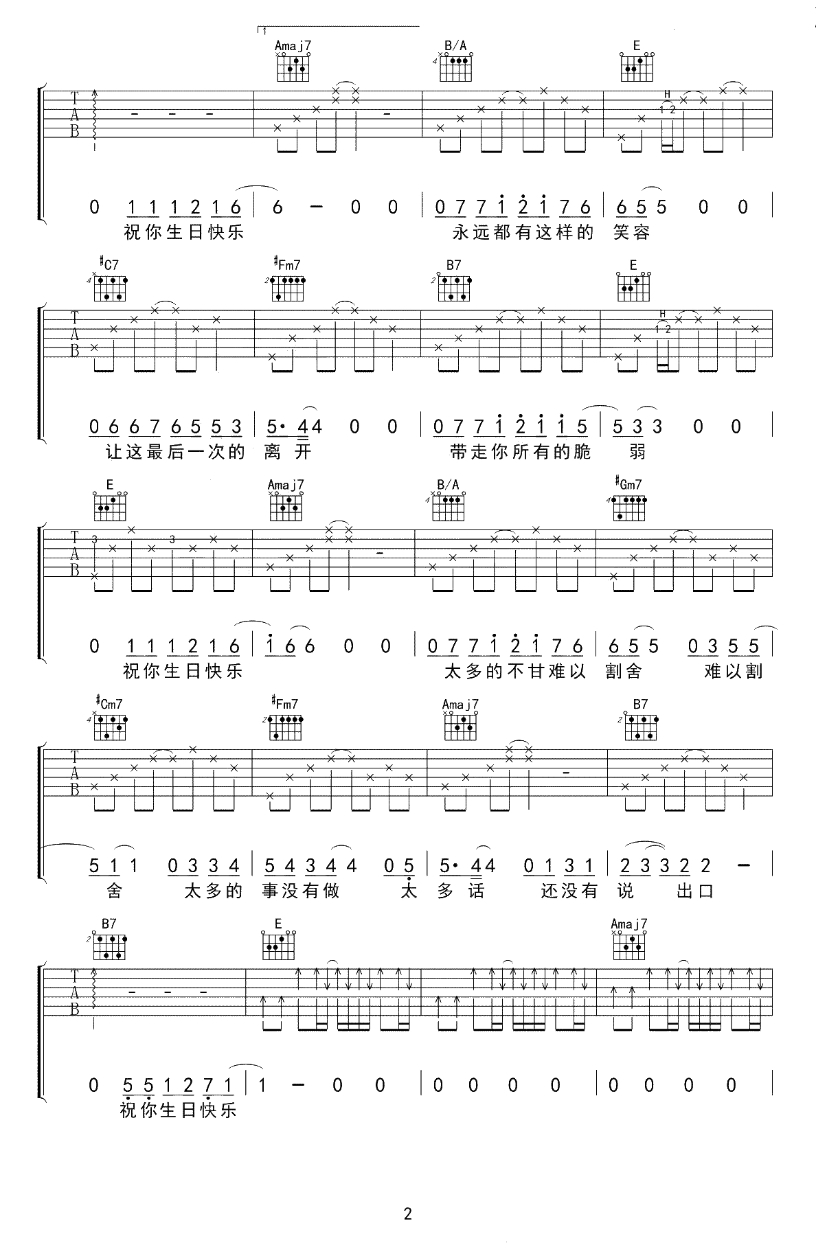 生日快乐吉他谱 C调弹唱谱 丢火车乐队 六线谱2