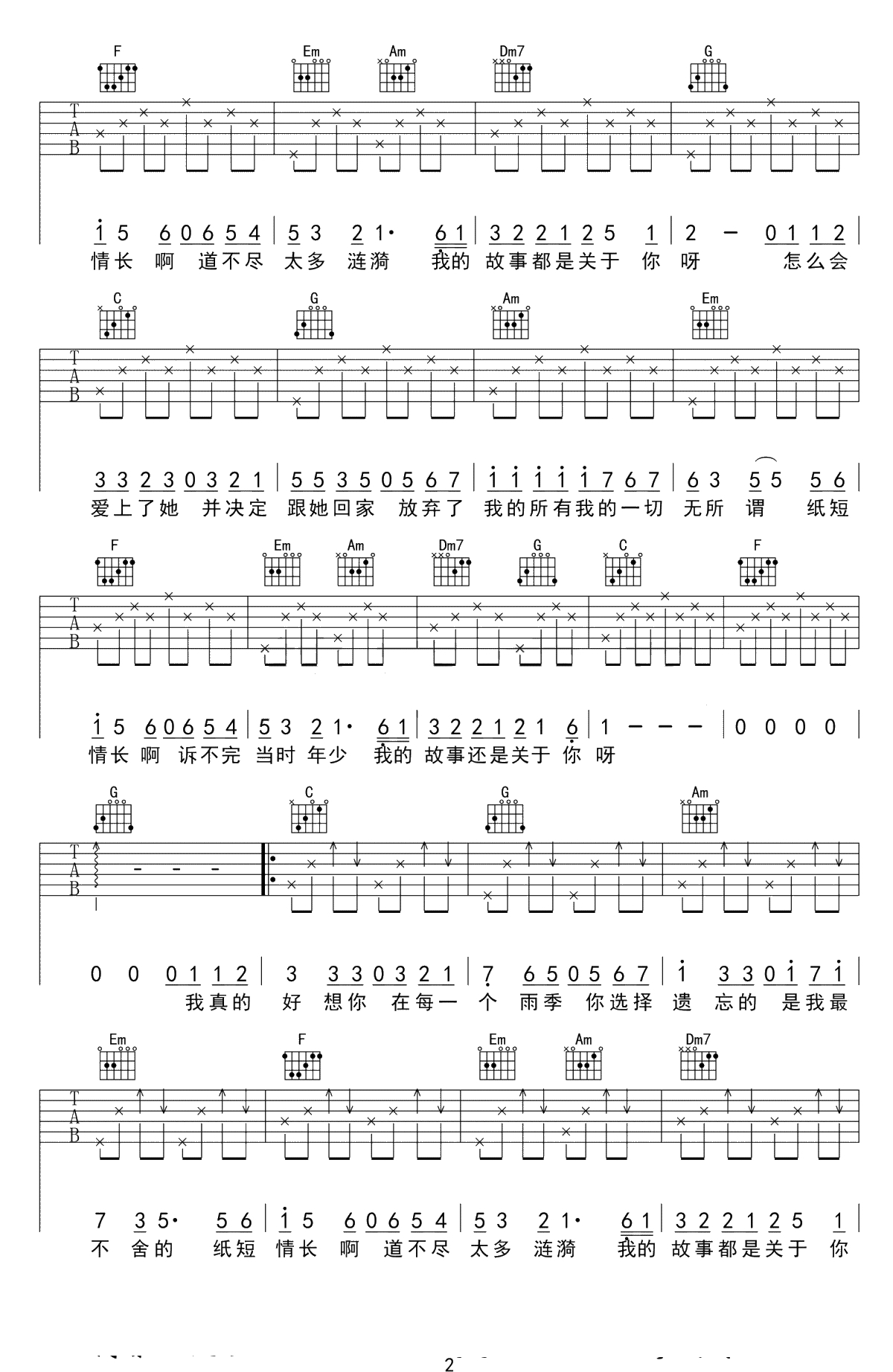 纸短情长吉他谱-C调简单版-烟把儿-吉他弹唱2