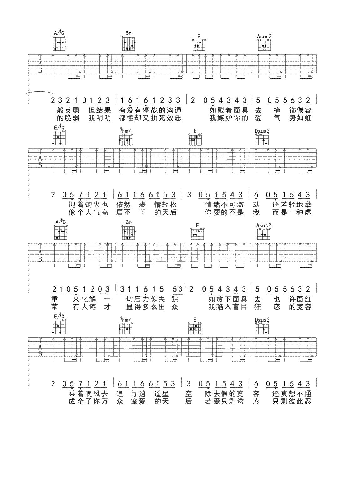 面具吉他谱 许廷铿 陈势安《天后》粤语版 吉他弹唱谱2