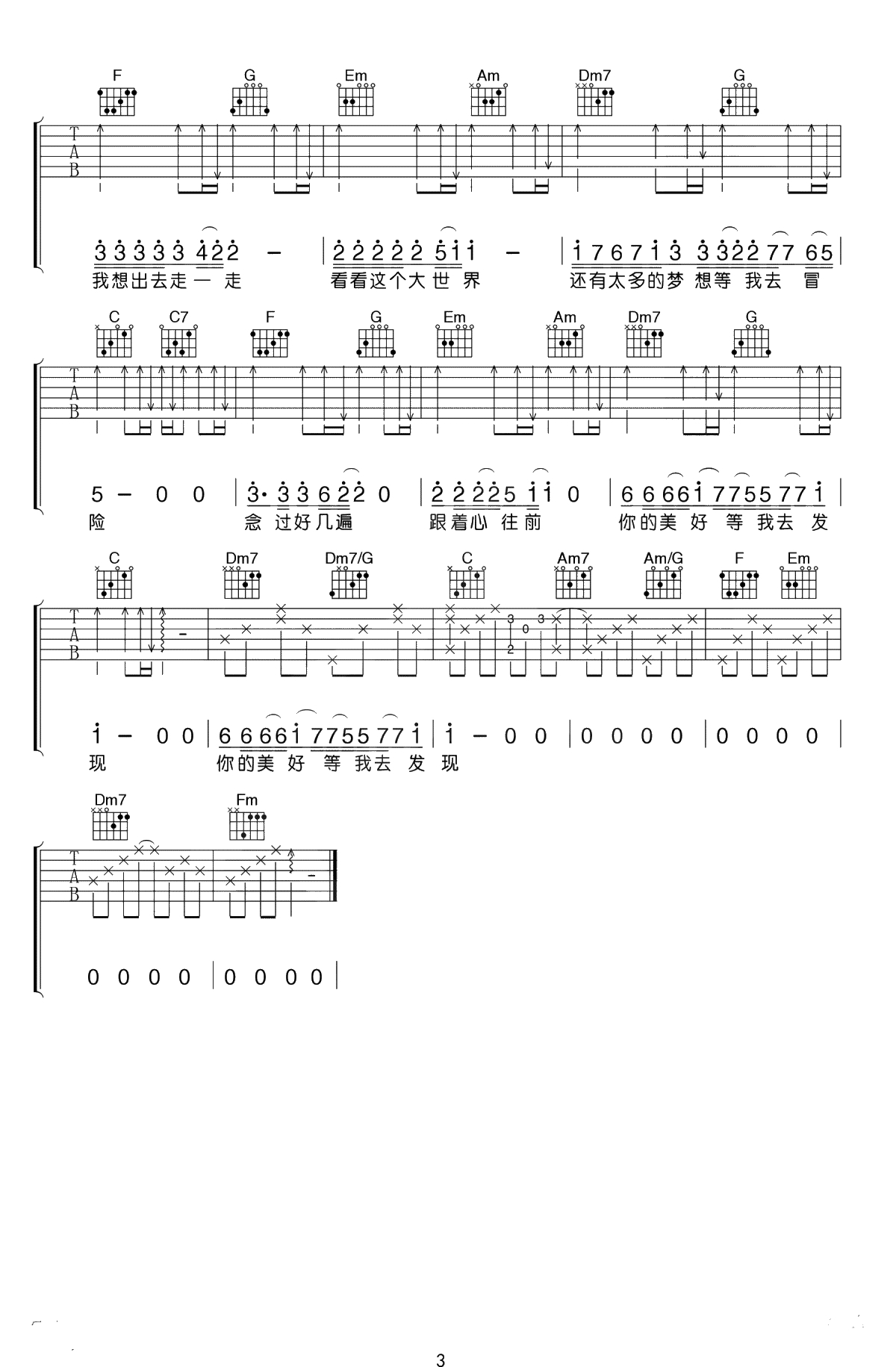 流浪吉他谱-卢焱-C调简单版-吉他弹唱3