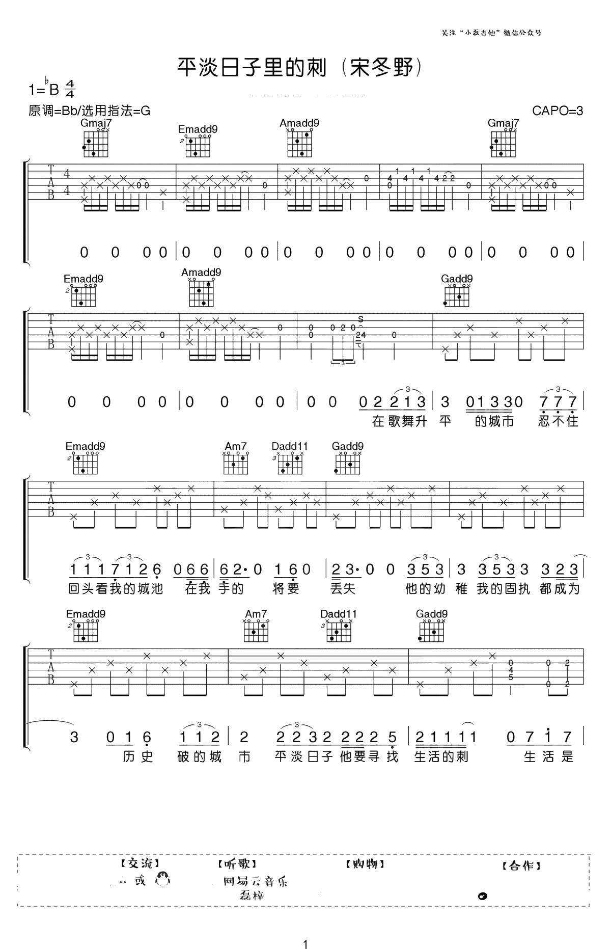 平淡日子里的刺吉他谱-宋冬野-G调弹唱谱-吉他1