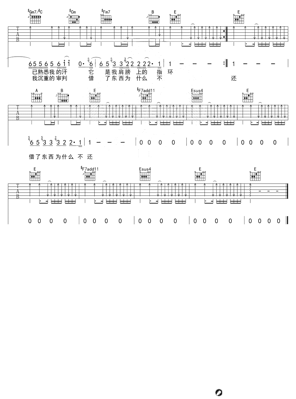 你的背包吉他谱 E调标准版 陈奕迅 吉他2