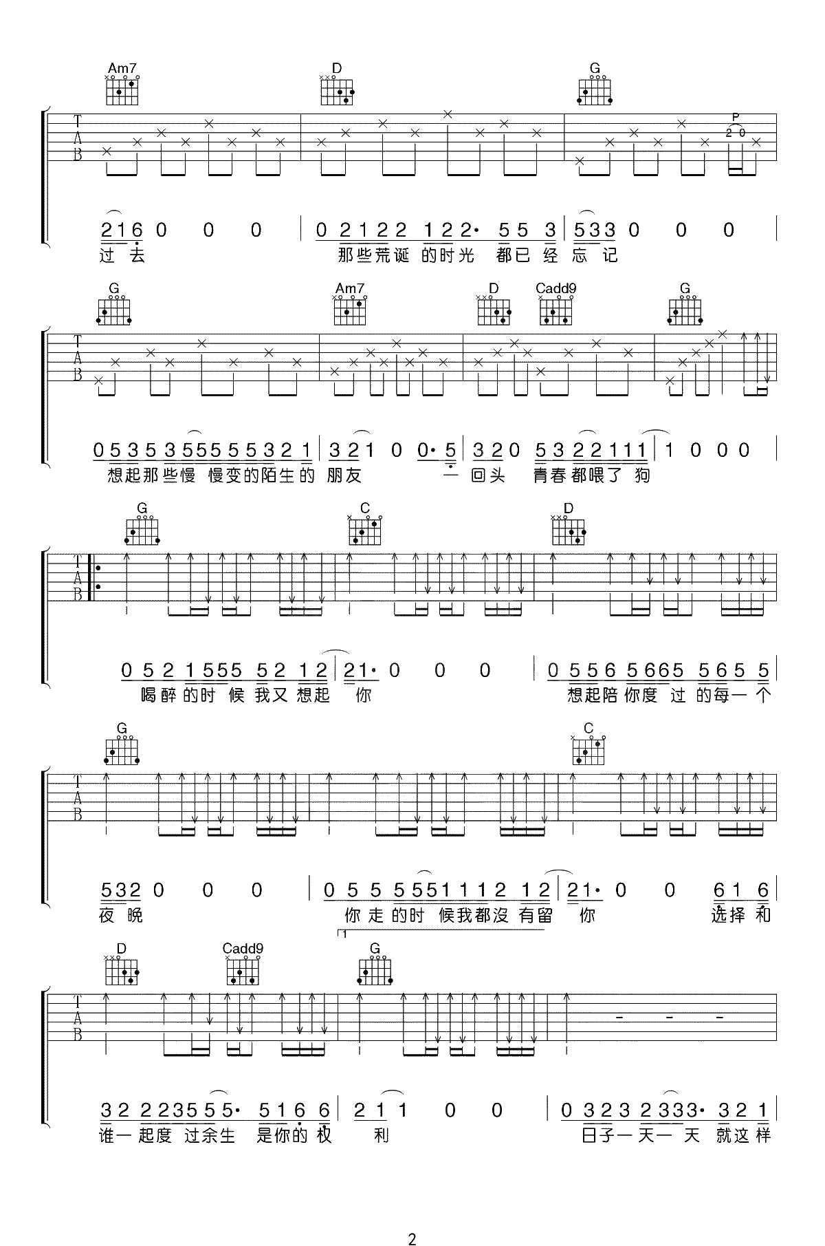 狗日的青春吉他谱-贰佰-G调弹唱谱-吉他2