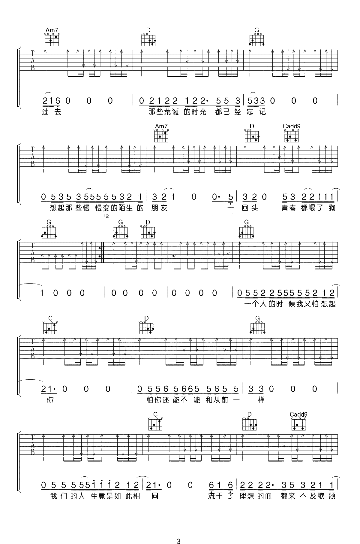 狗日的青春吉他谱-贰佰-G调弹唱谱-吉他3