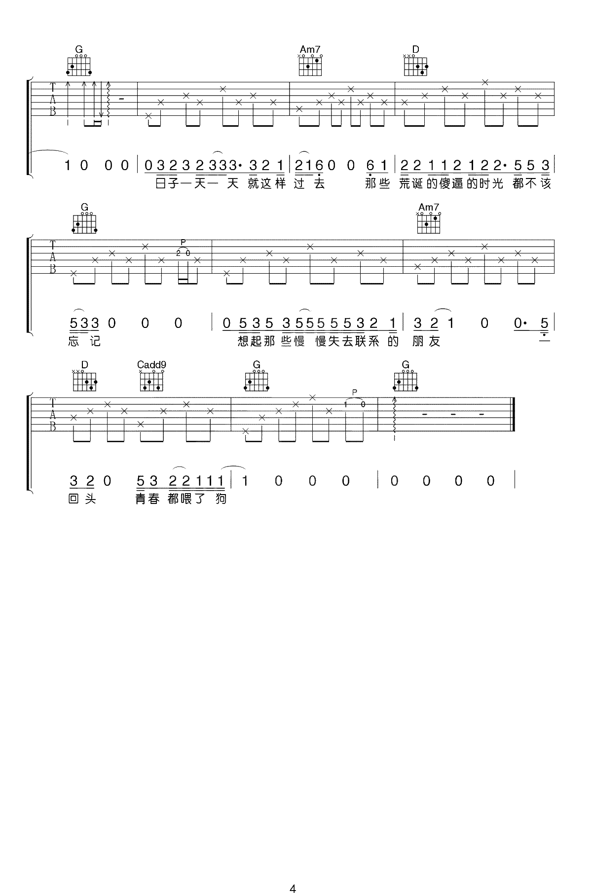 狗日的青春吉他谱-贰佰-G调弹唱谱-吉他4