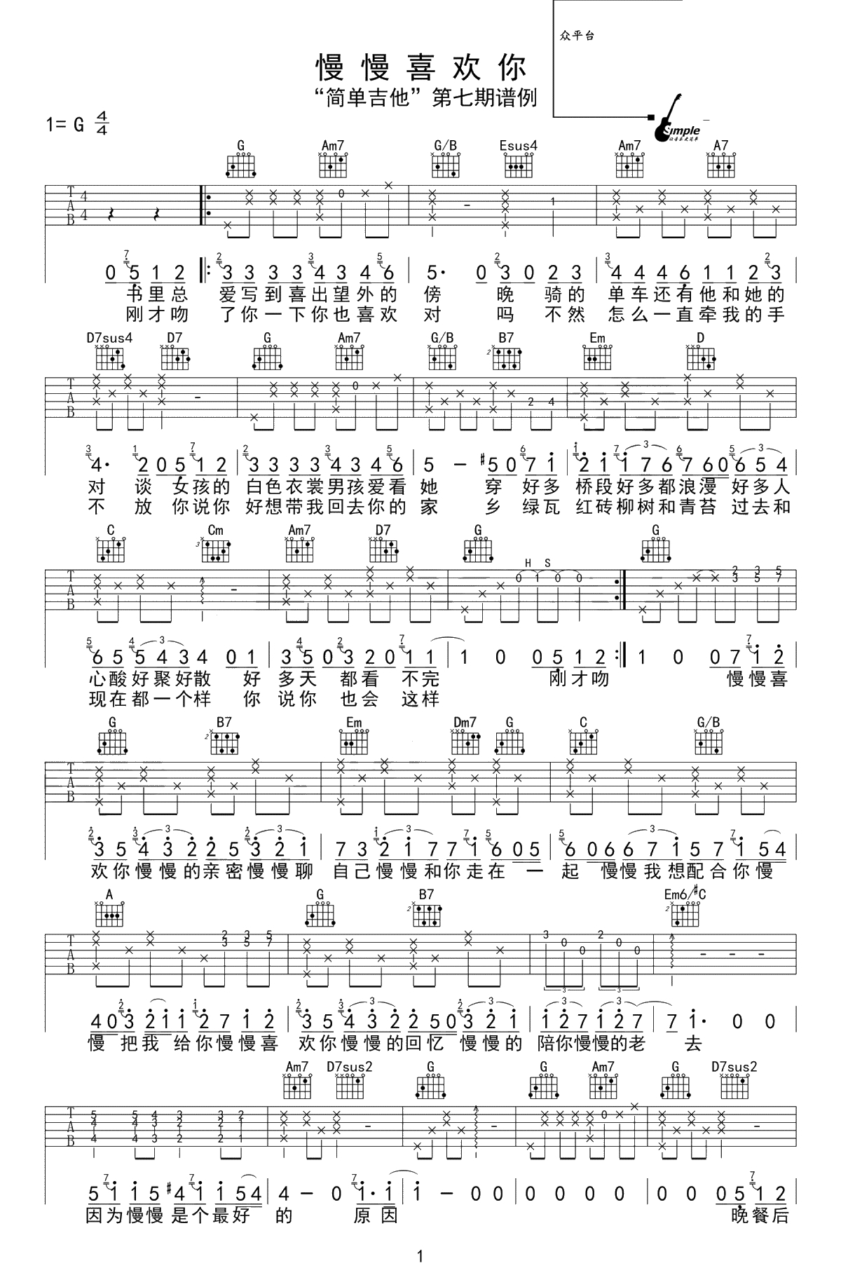 慢慢喜欢你吉他谱 G调六线谱 莫文蔚 高清弹唱谱1