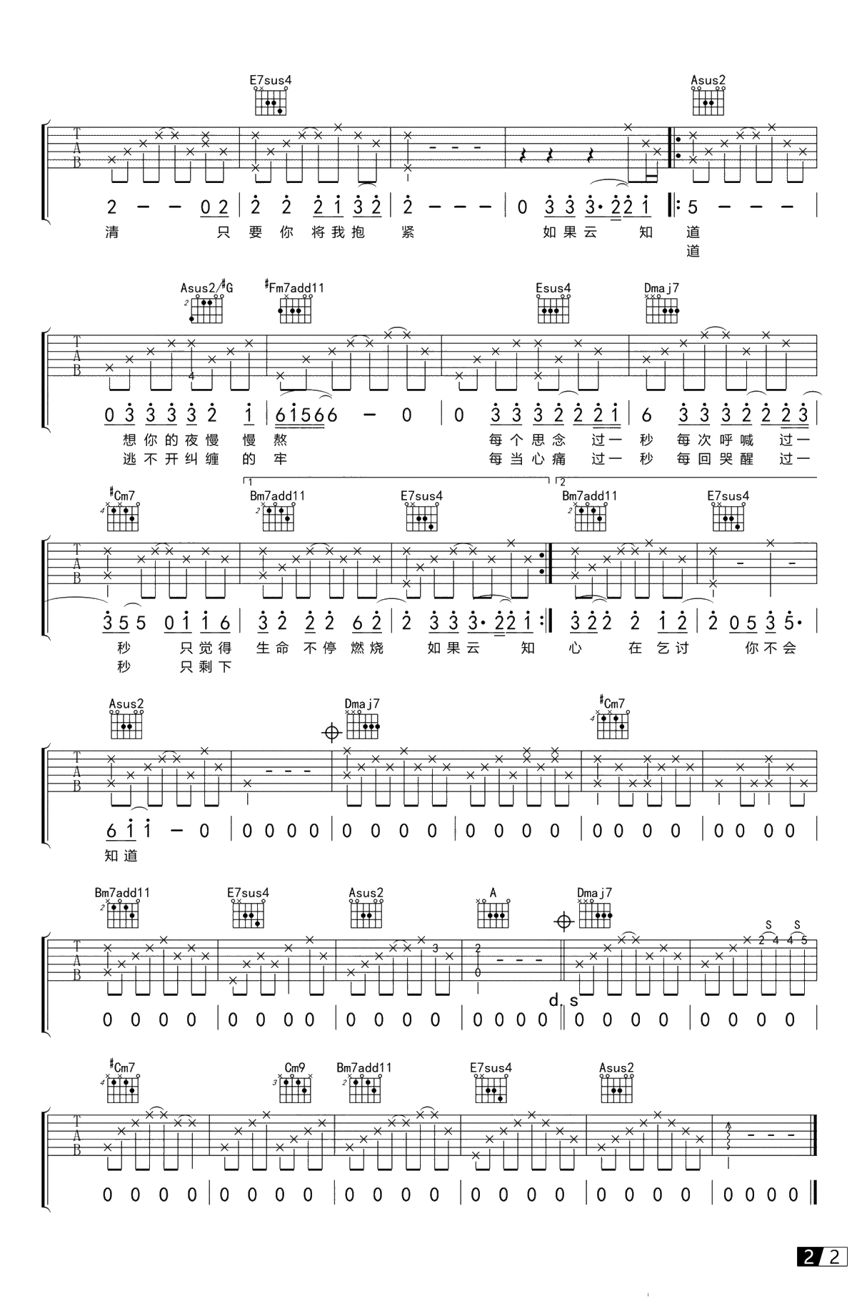如果云知道吉他谱-许茹芸-高清六线谱-吉他弹唱2