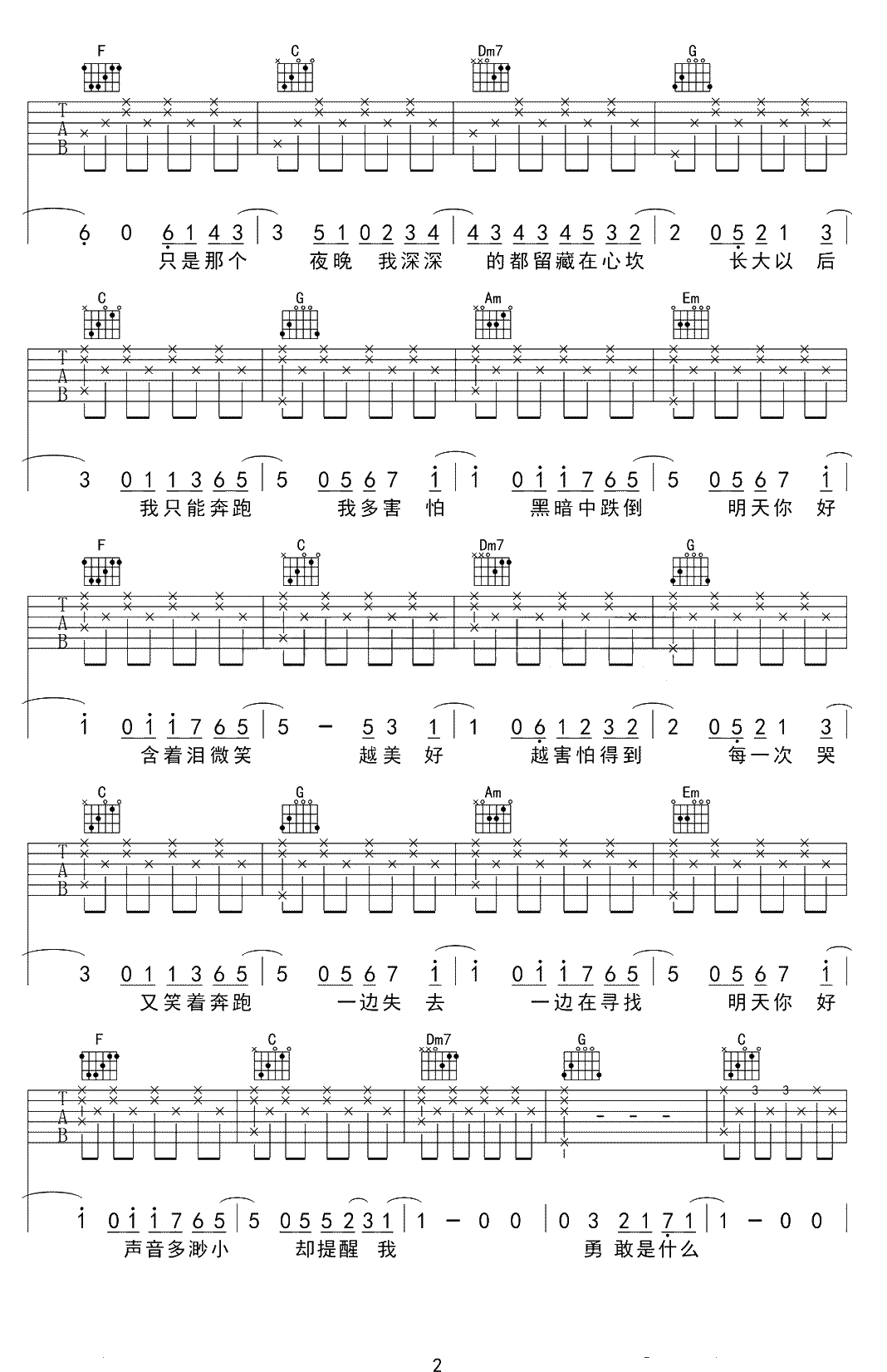 明天你好吉他谱-C调-牛奶咖啡-吉他弹唱2