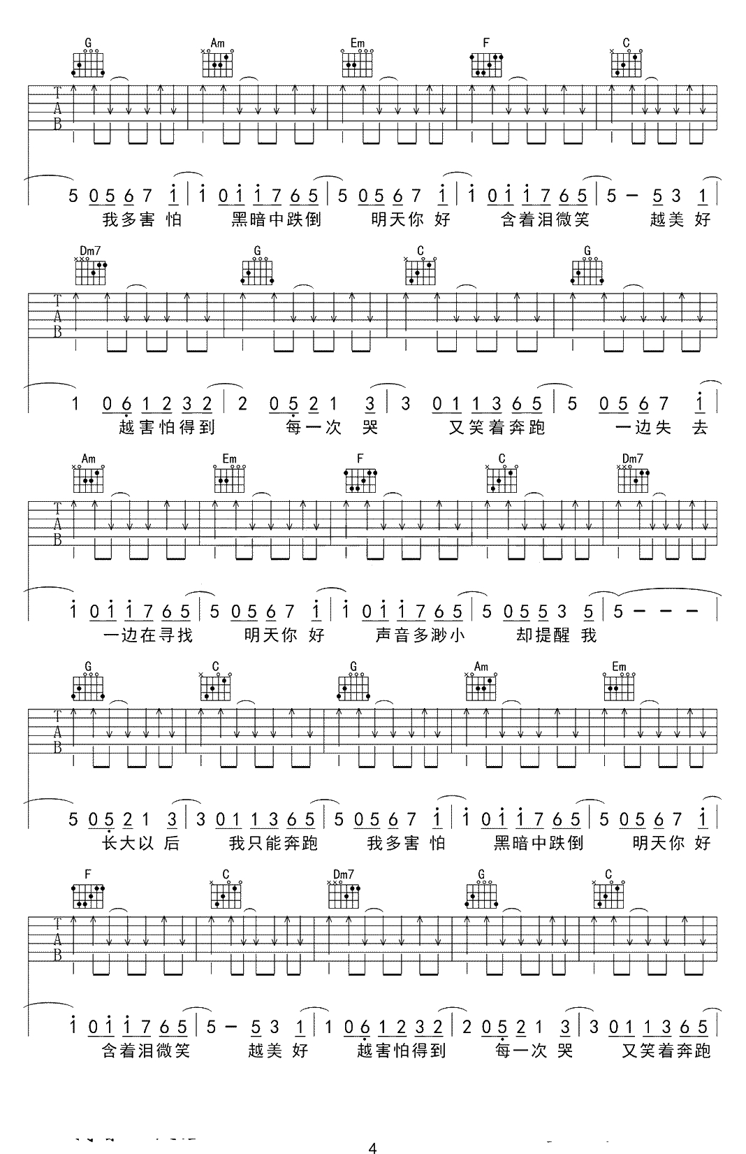 明天你好吉他谱-C调-牛奶咖啡-吉他弹唱4