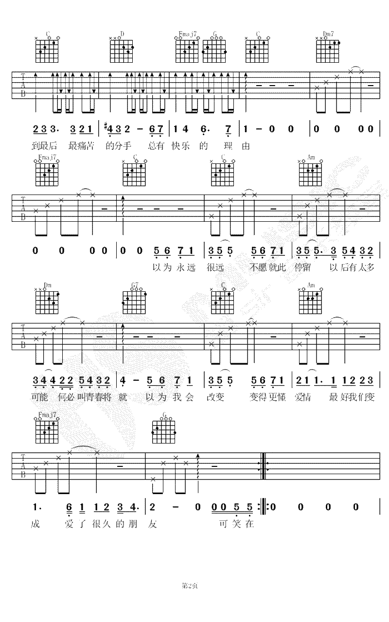 爱了很久的朋友吉他谱-田馥甄-C调简单版-弹唱谱2