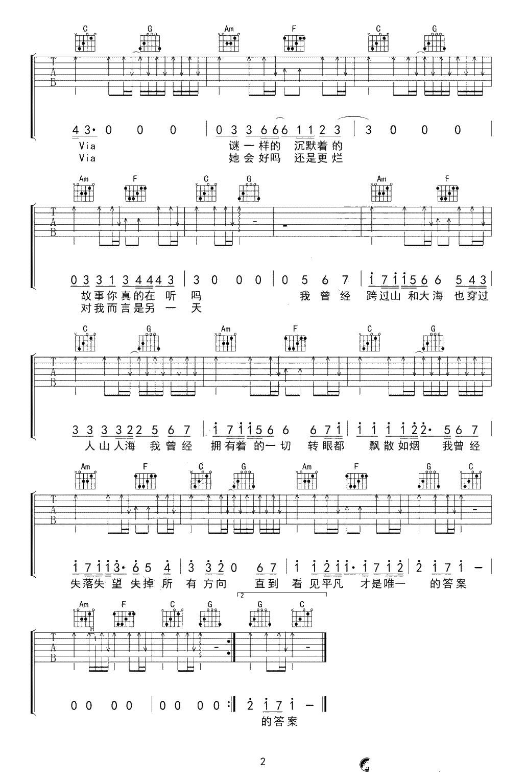 平凡之路吉他谱-打扰一下乐团-现场版弹唱谱2