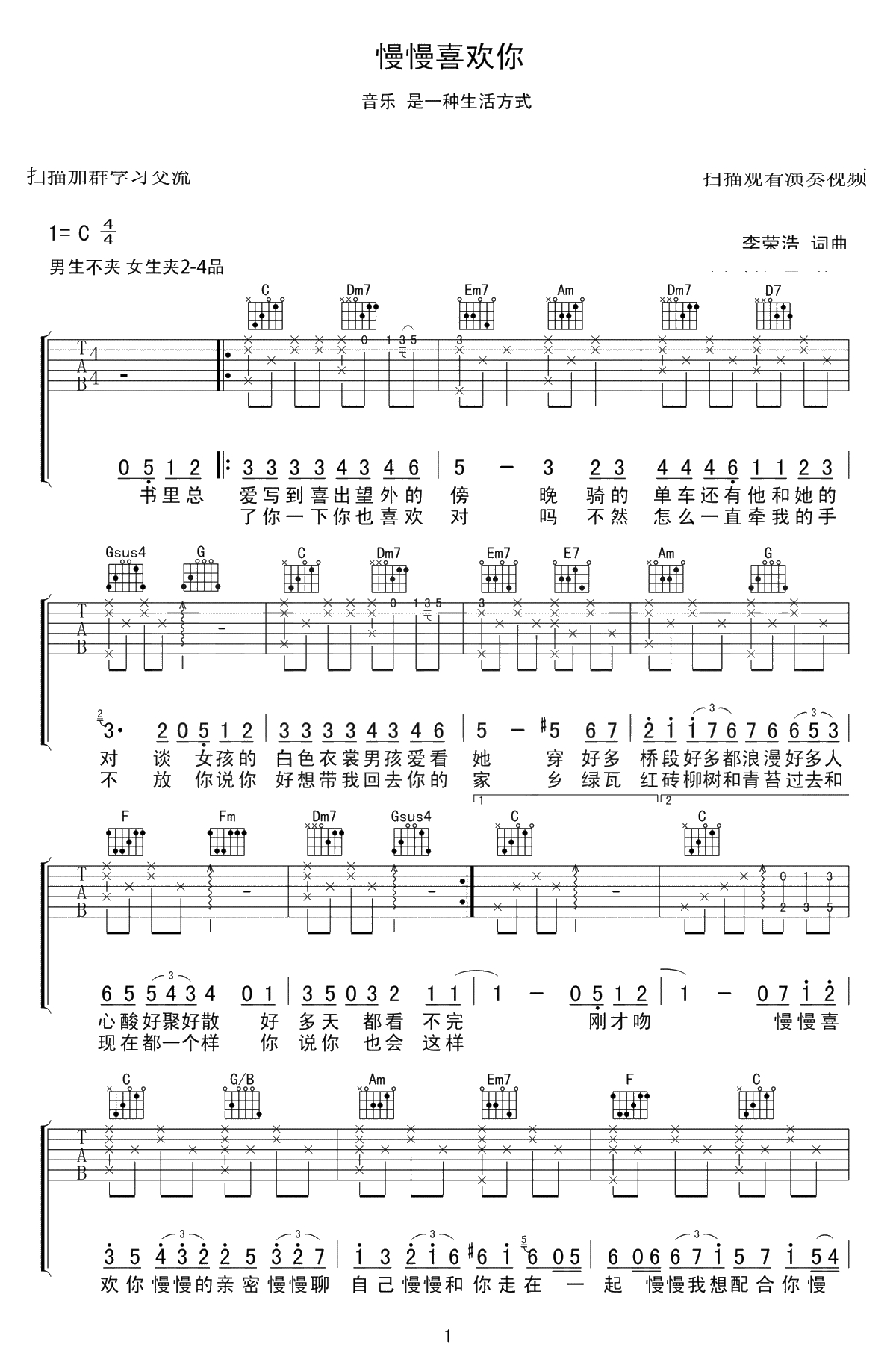 慢慢喜欢你吉他谱C调-莫文蔚-弹唱谱-高清1