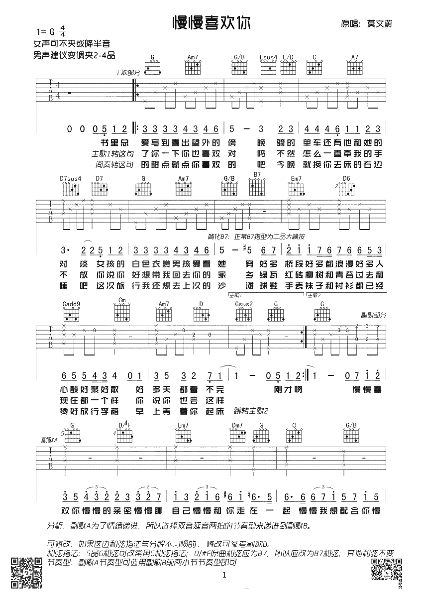 慢慢喜欢你吉他谱-莫文蔚-简单版吉他谱-1