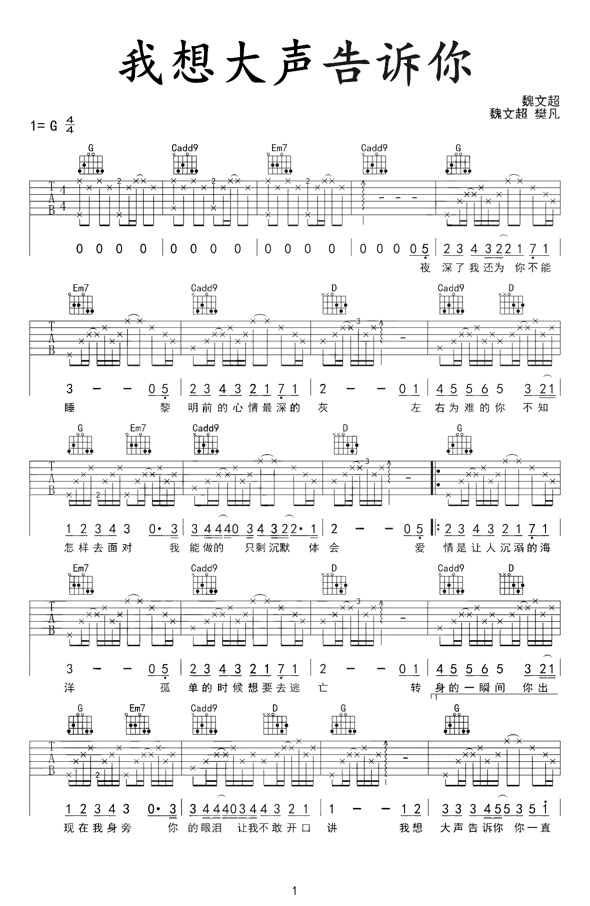 我想大声告诉你吉他谱-樊凡《蜗居》片尾曲-详细1