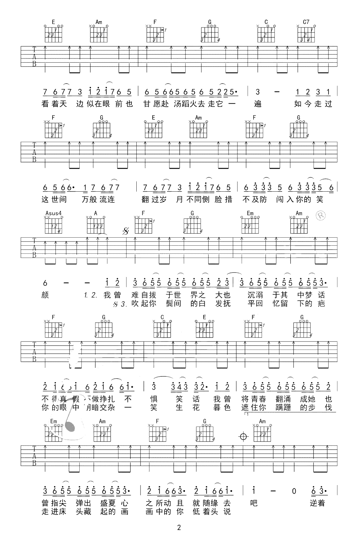 起风了吉他谱-C调简单版-买辣椒也用券-抖音歌曲吉他谱2