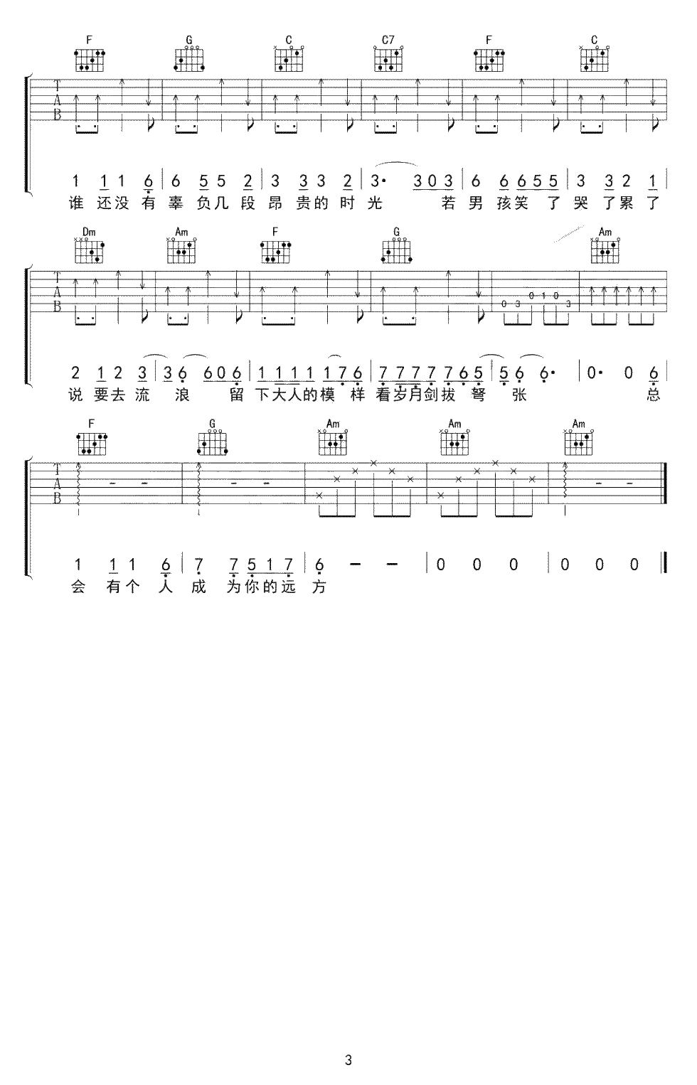 牧马城市吉他谱-毛不易《老男孩》片尾曲-C调弹唱谱3