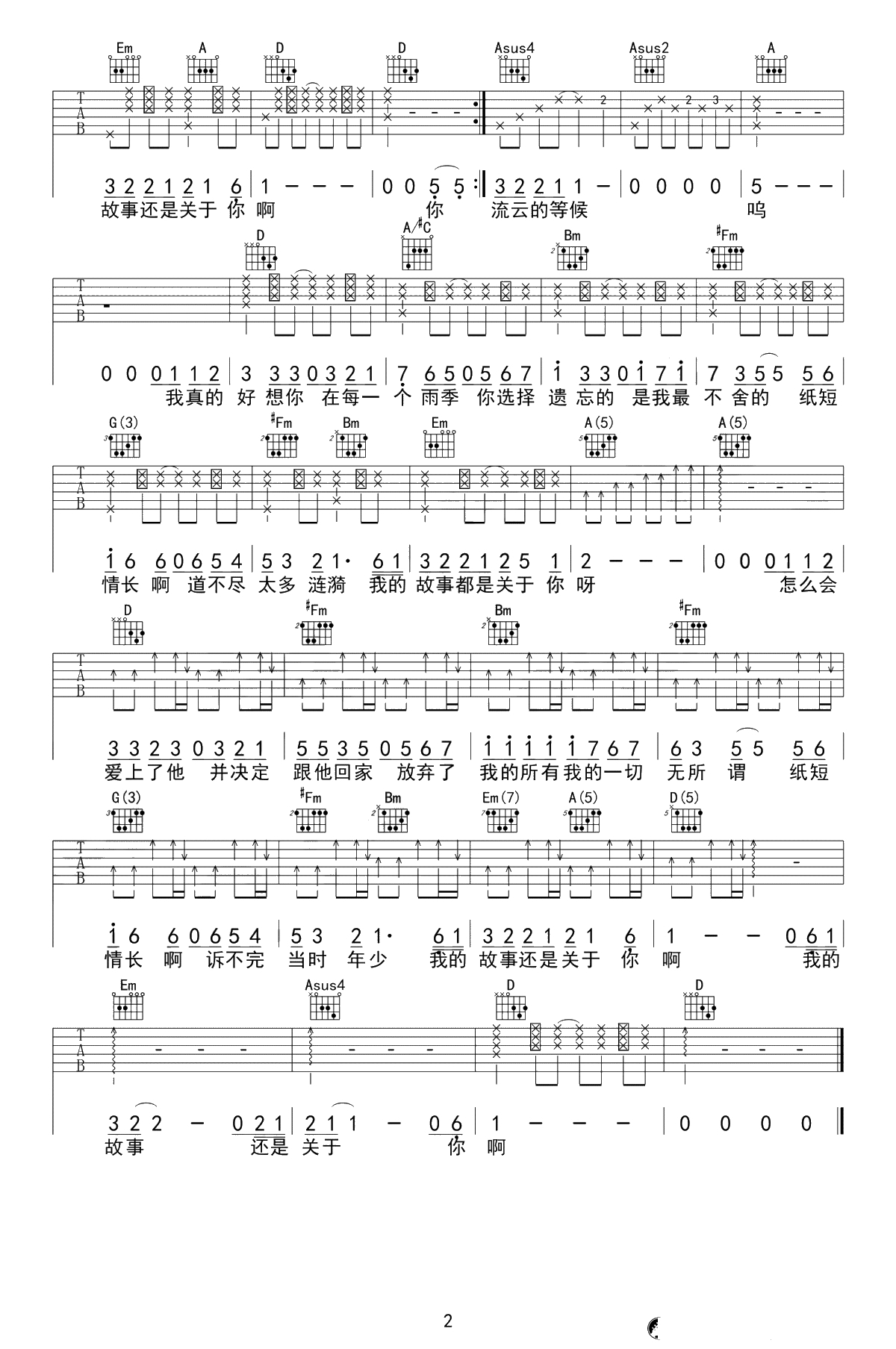 纸短情长吉他谱-烟把儿-D调弹唱谱-高清2