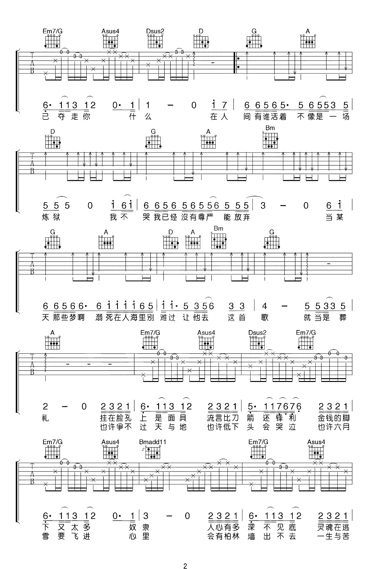 在人间吉他谱-王建房-D调指法-吉他弹唱2