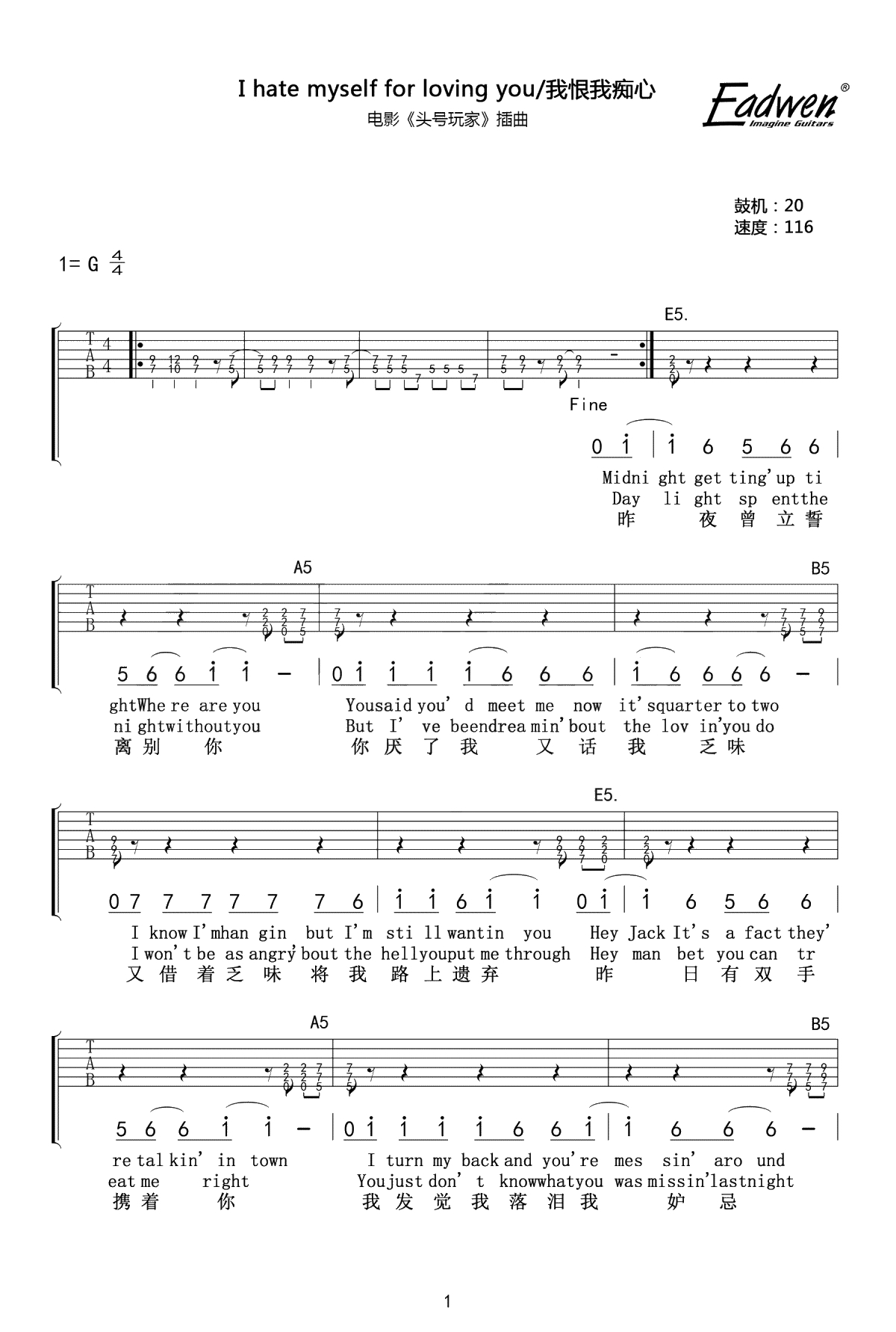 I Hate Myself For Loving You吉他谱-头号玩家插曲-电吉他1