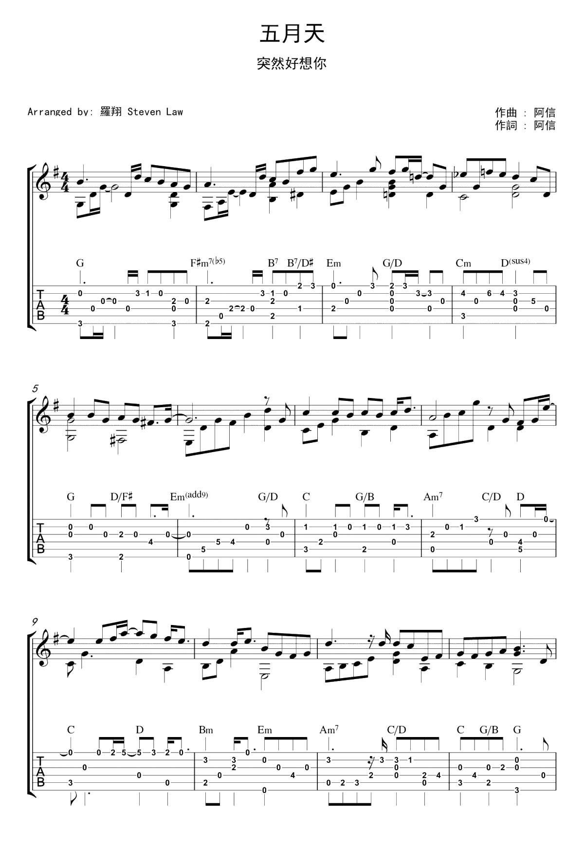 突然好想你指弹谱-五月天-吉他独奏谱-指弹1