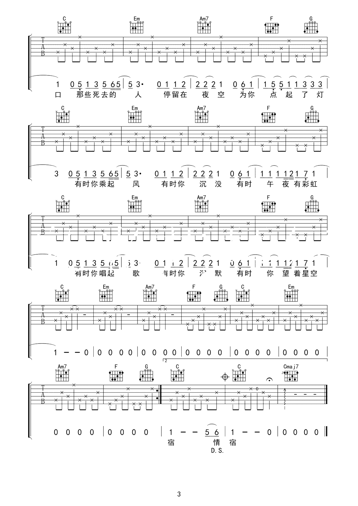 猎户星座吉他谱-C调简单版-朴树-高清弹唱谱3