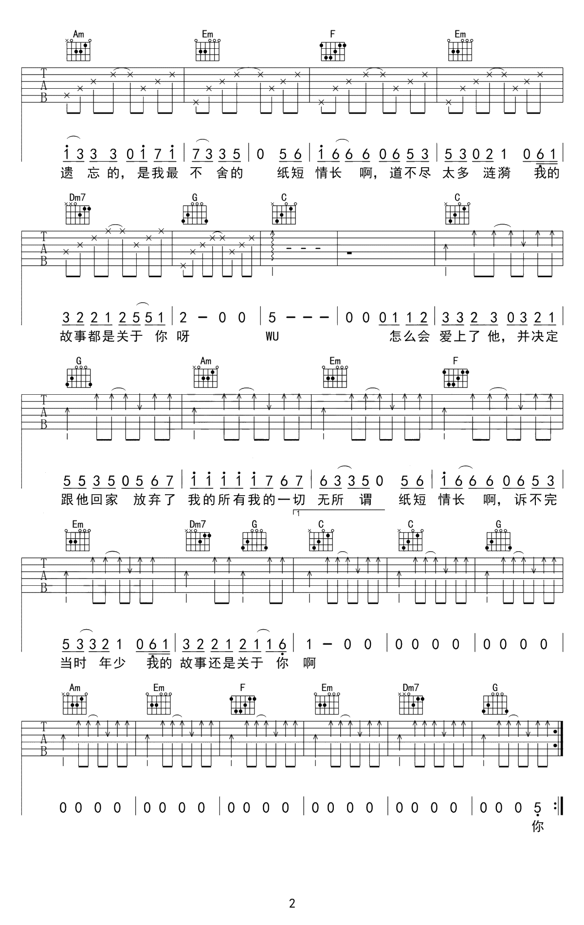 纸短情长吉他谱-C调弹唱谱-烟把儿乐队-高清六线谱2