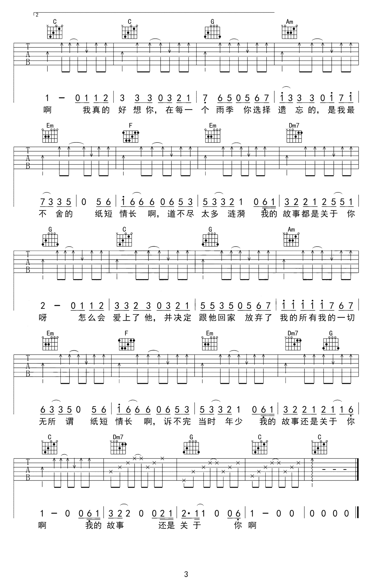 纸短情长吉他谱-C调弹唱谱-烟把儿乐队-高清六线谱3