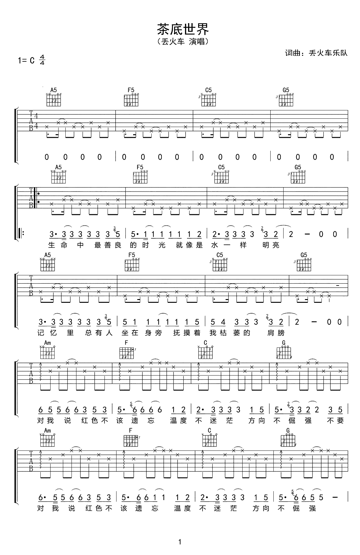 茶底世界吉他谱-丢火车乐队-C调弹唱谱-高清六线谱1