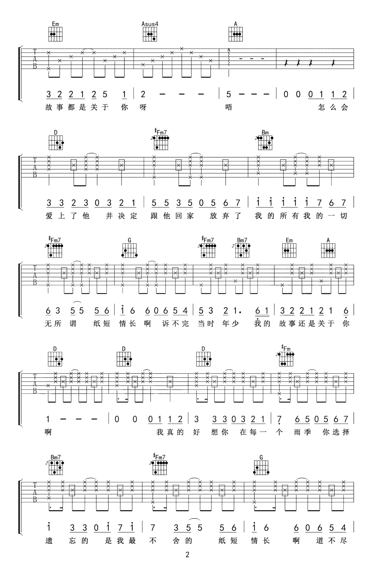 纸短情长吉他谱-烟把儿乐队-高清弹唱谱-完整版六线谱2
