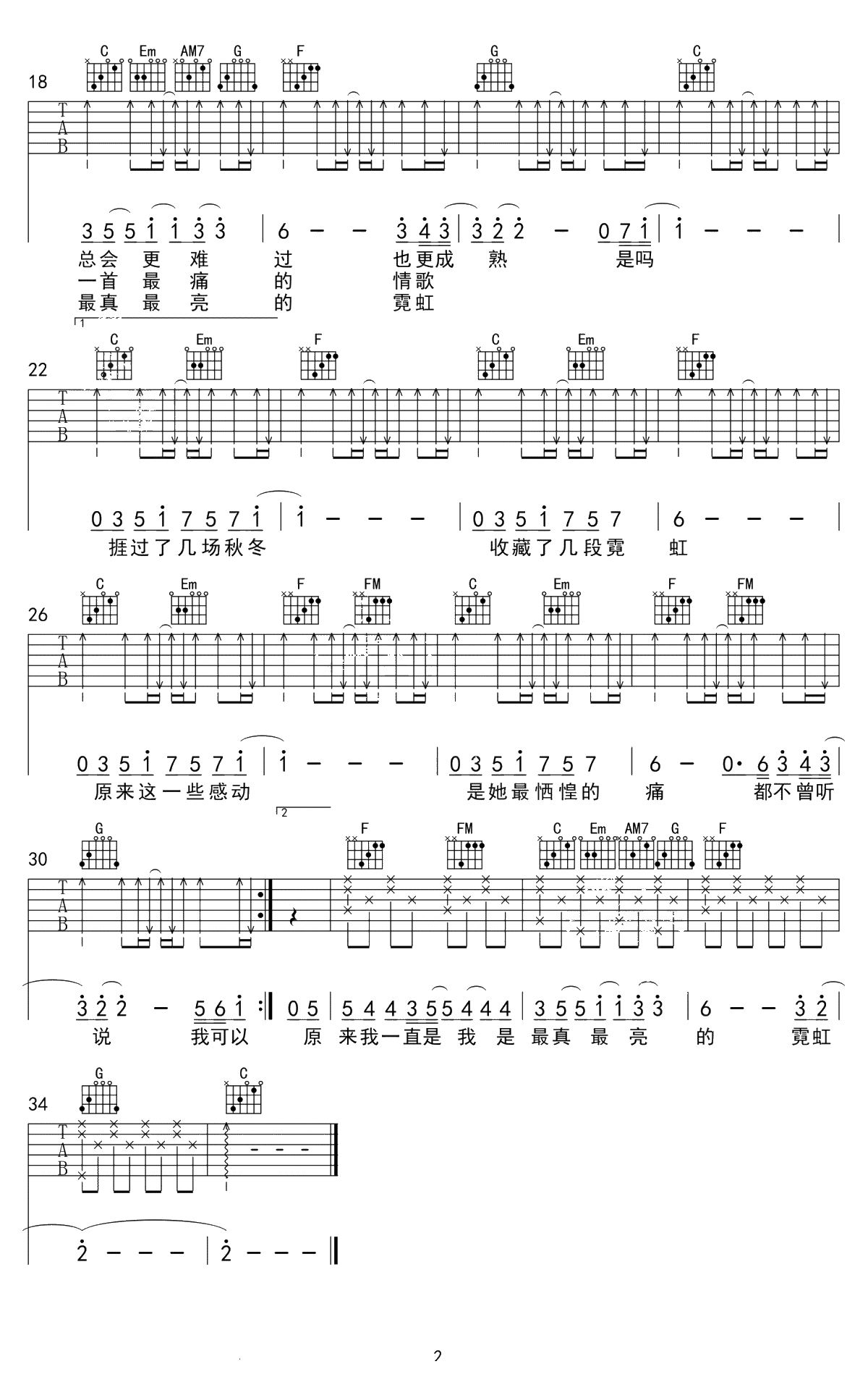 霓虹吉他谱 C调弹唱谱 徐秉龙2