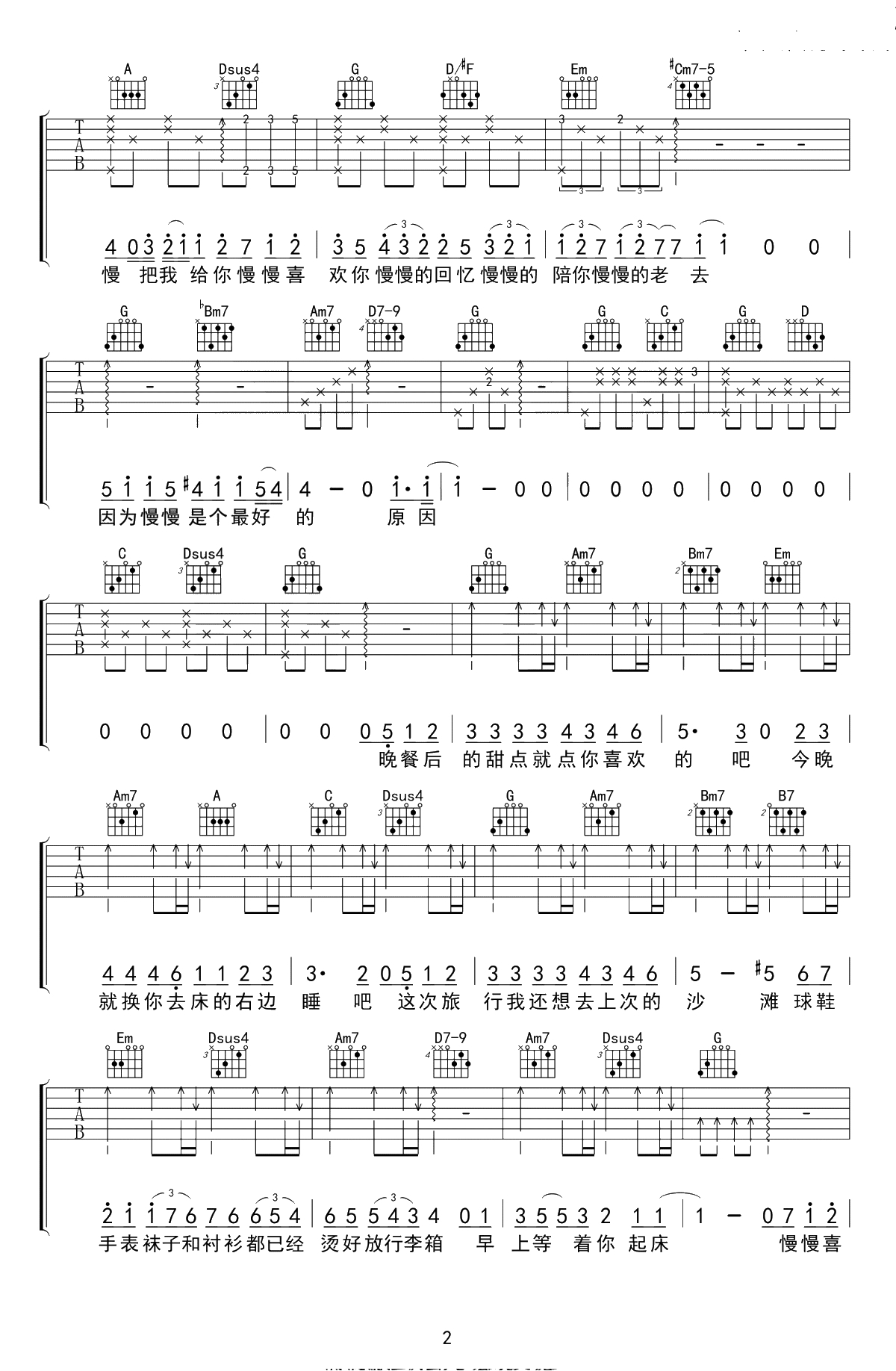 慢慢喜欢你吉他谱-莫文蔚-G调原版-高清六线谱2