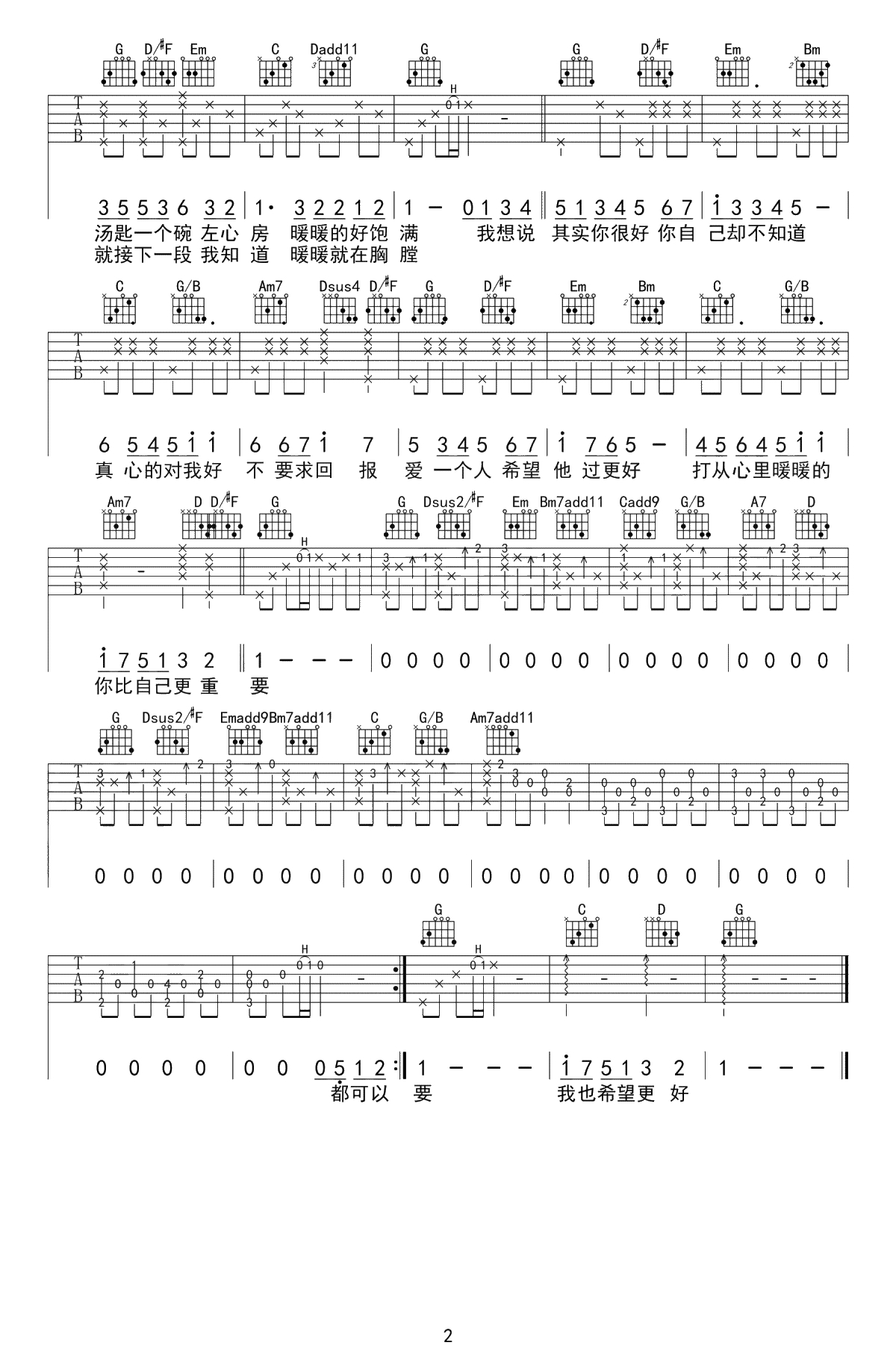 暖暖吉他谱-梁静茹-G调-简单吉他-高清弹唱谱2