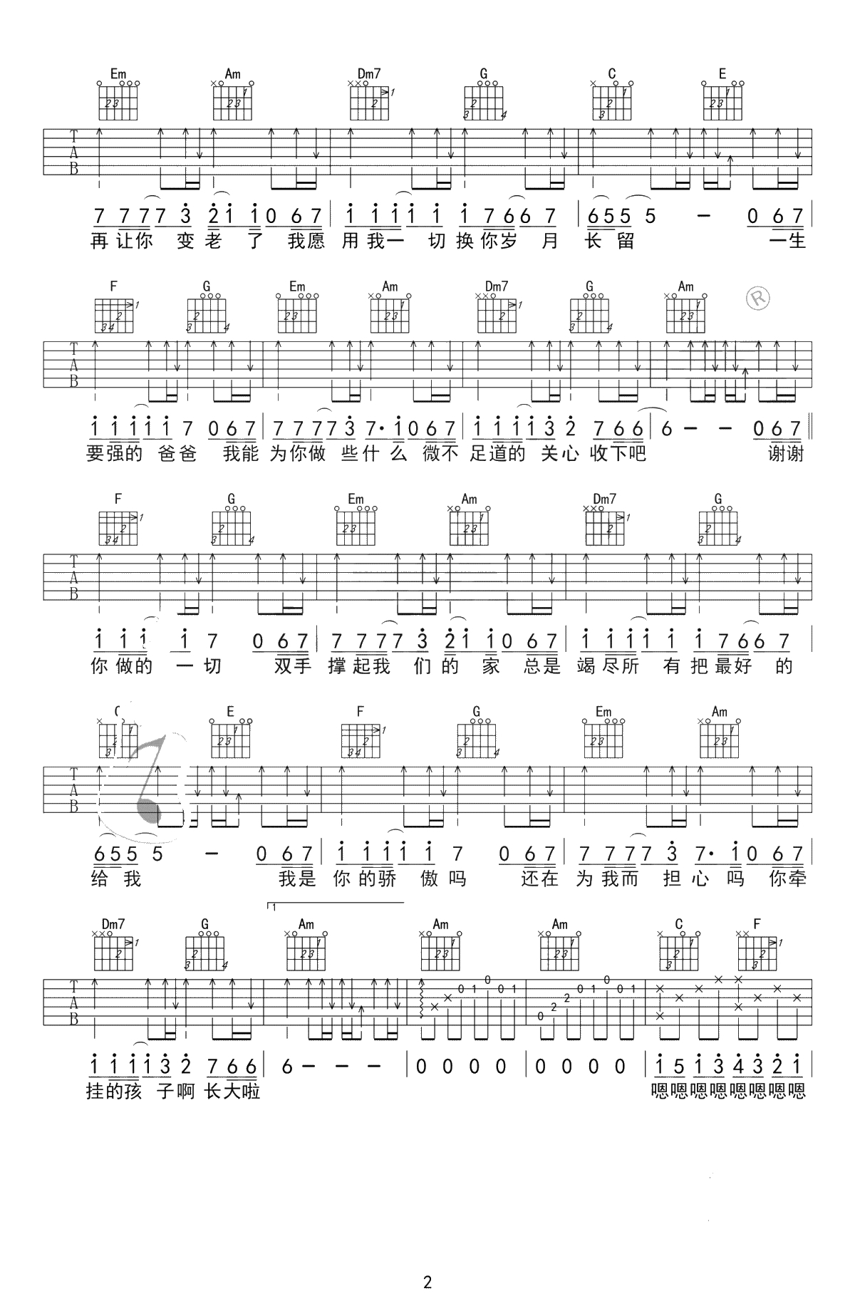 父亲吉他谱 C调弹唱中级版 筷子兄弟 吉他2
