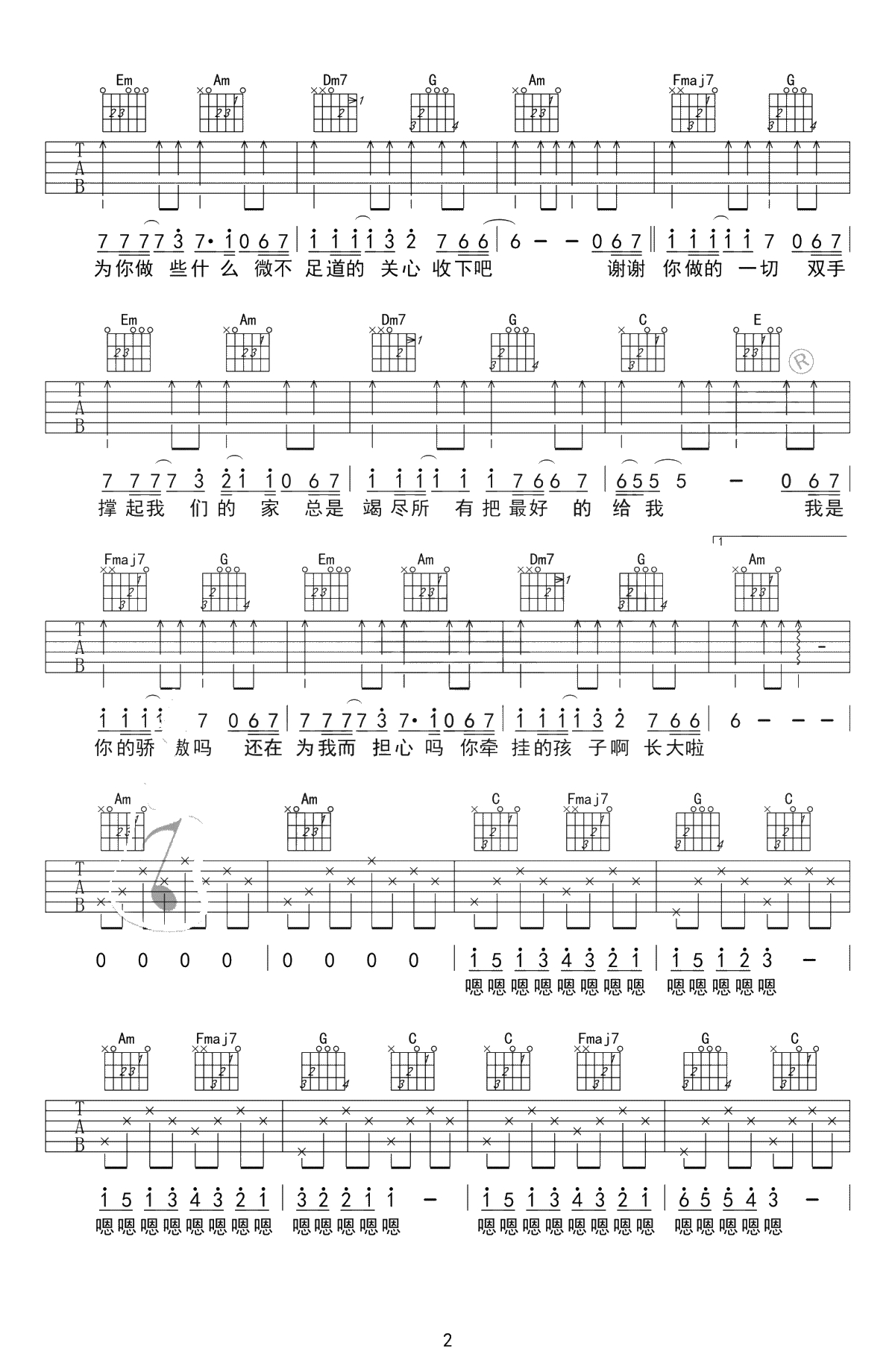 父亲吉他谱-筷子兄弟-C调简单版-吉他弹唱六线谱2