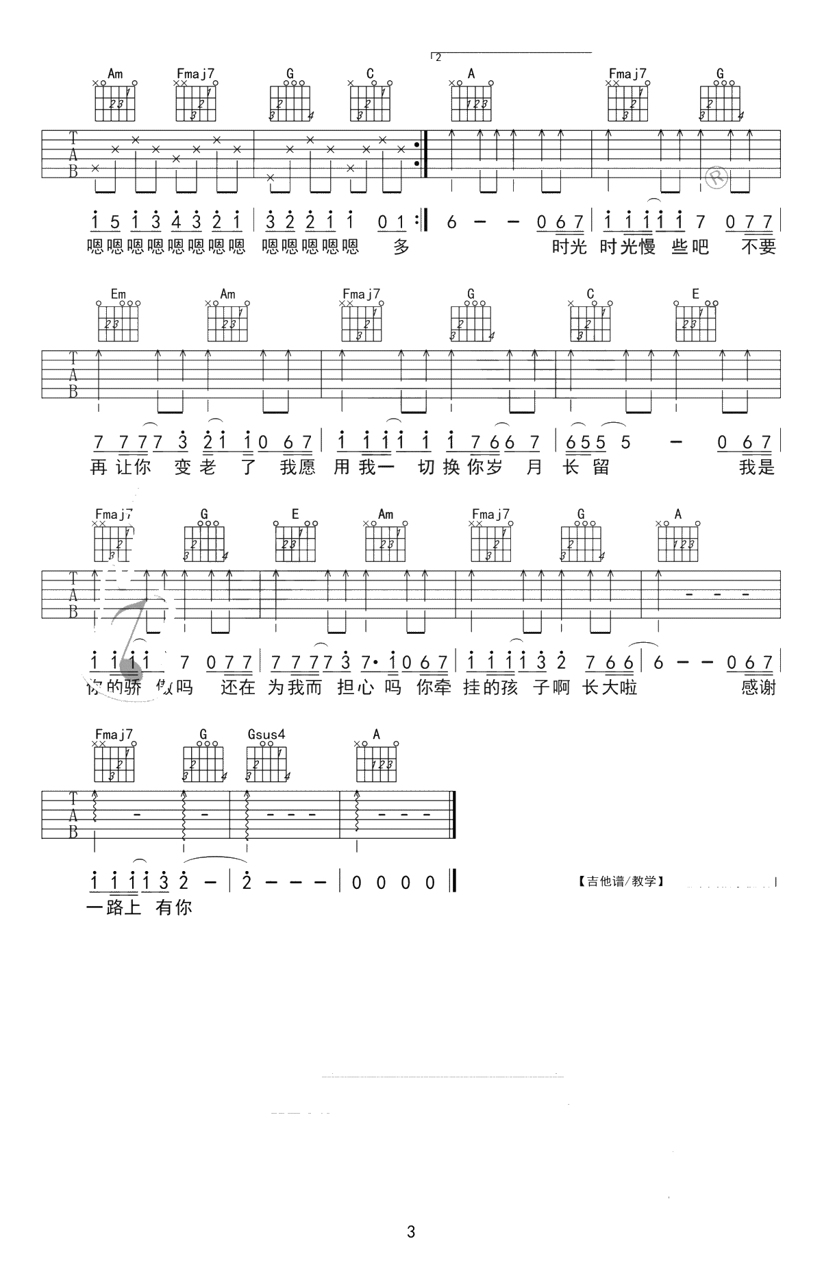 父亲吉他谱-筷子兄弟-C调简单版-吉他弹唱六线谱3