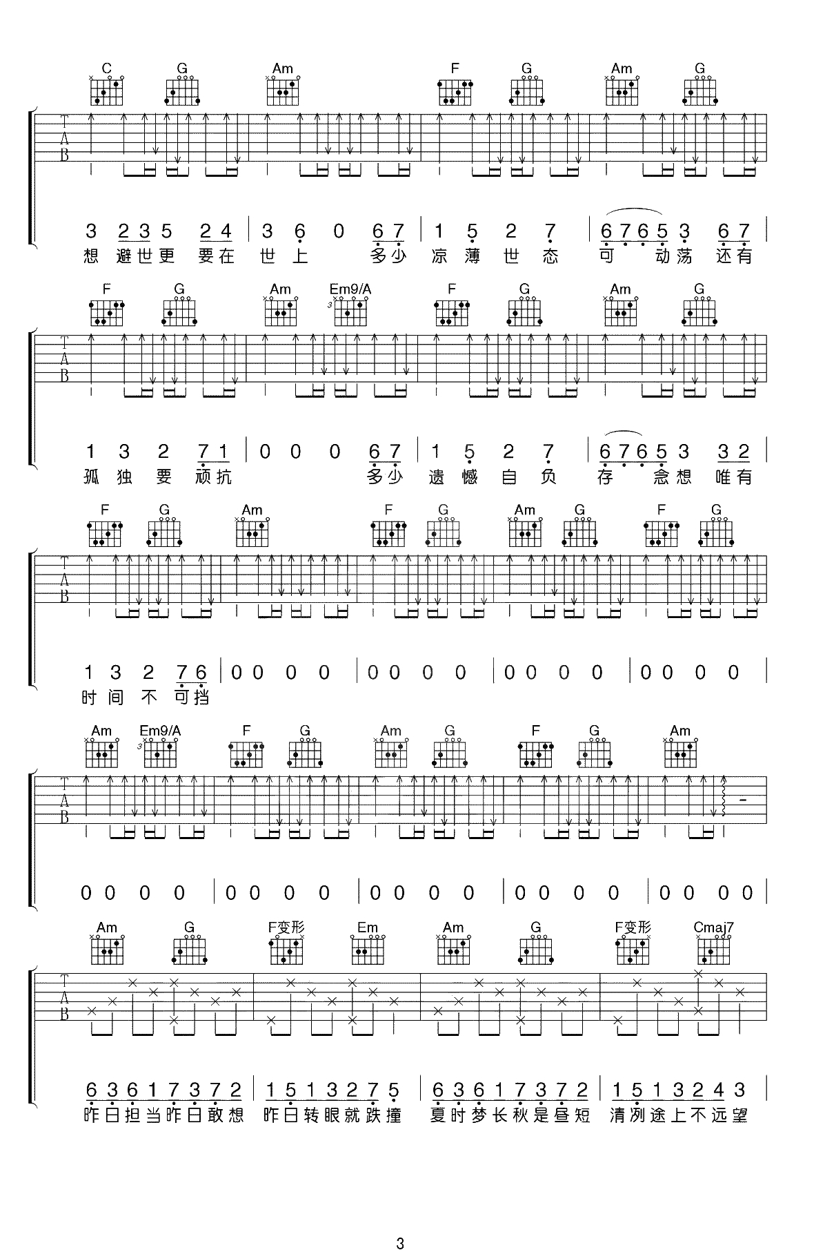 一如年少模样吉他谱-陈鸿宇-C调指法-弹唱3