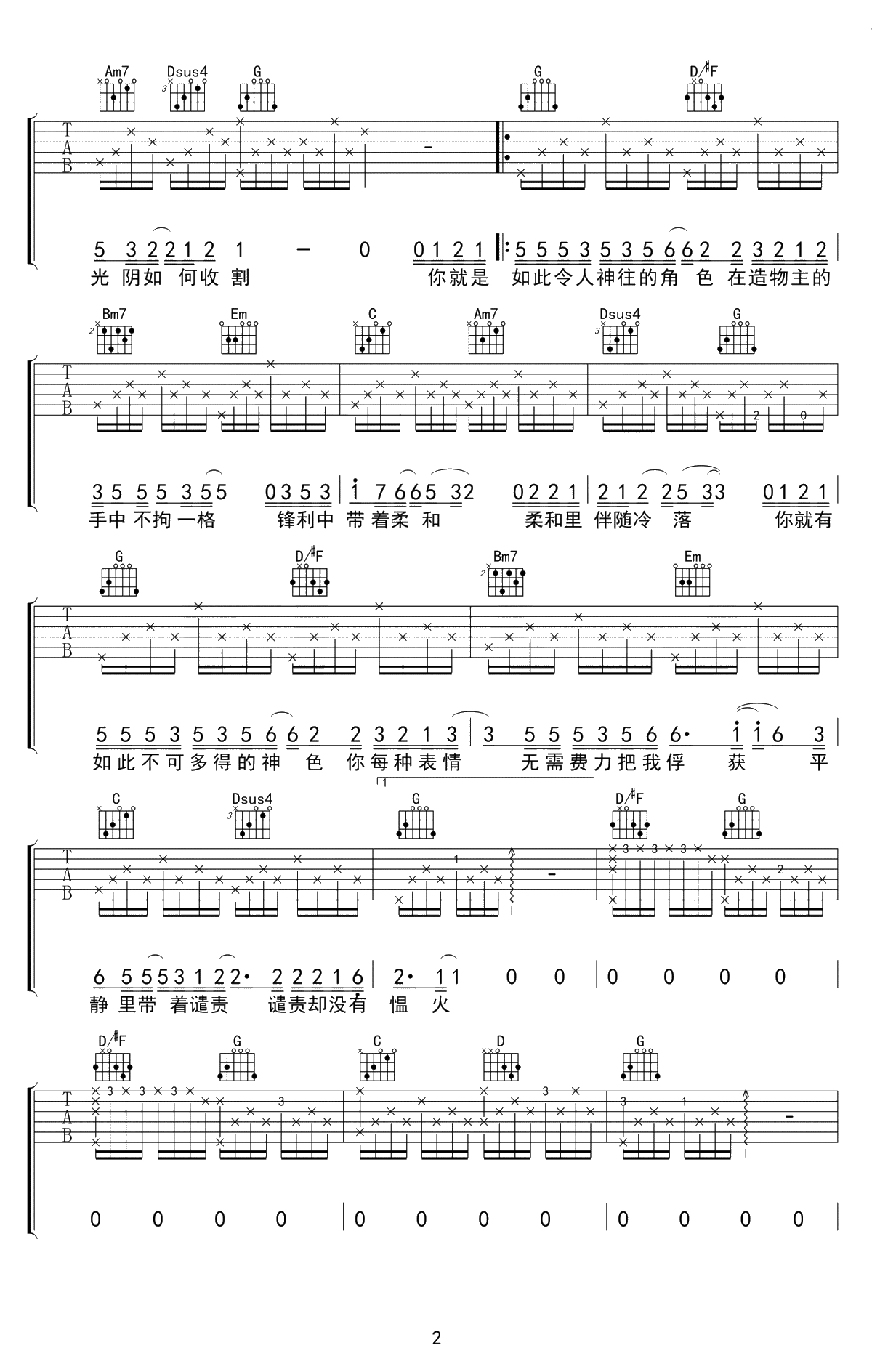 如常吉他谱-房东的猫-G调弹唱谱-如常六线谱-艺音版2