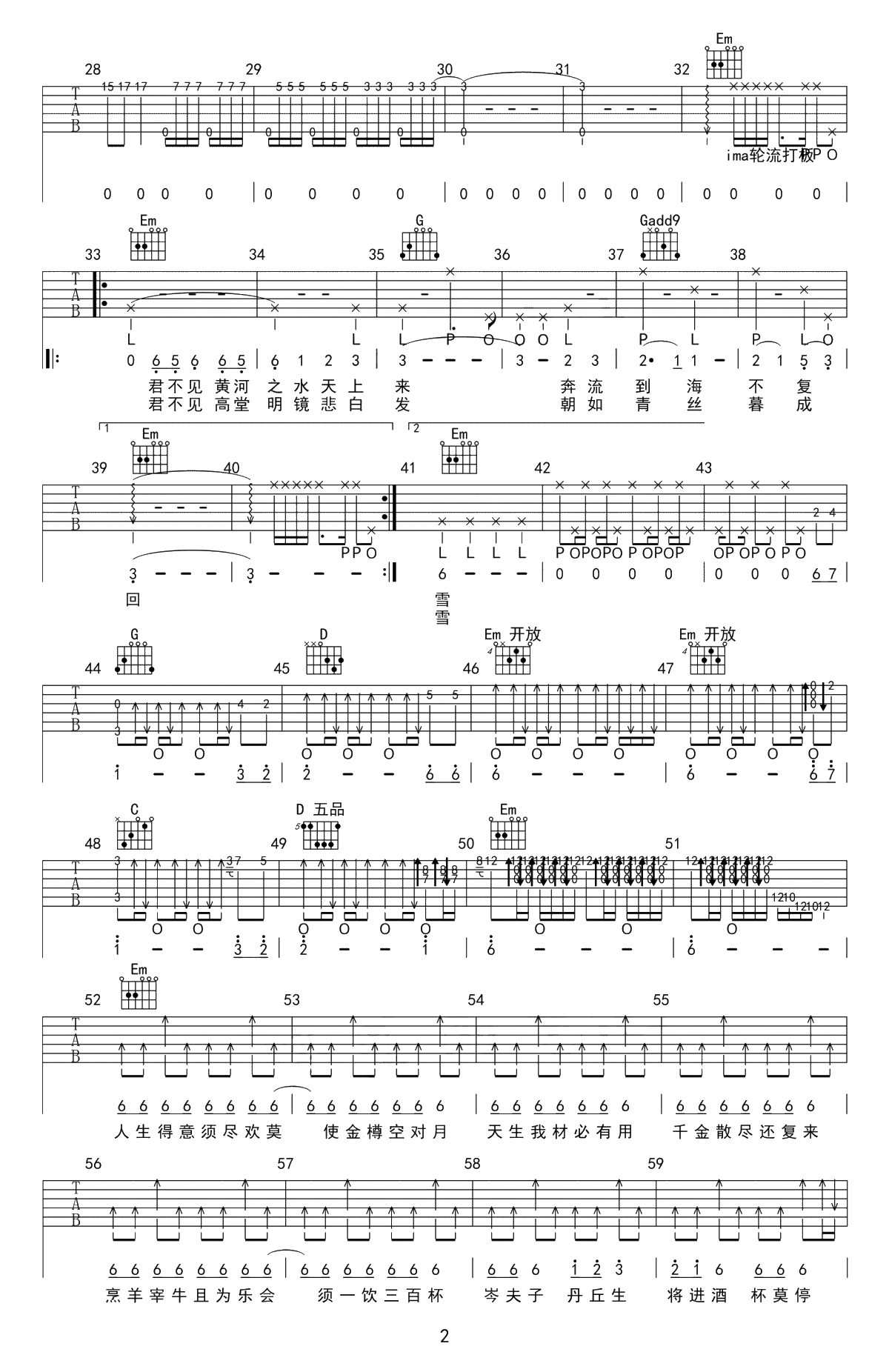将进酒吉他谱-陈涌海/凤凰传奇-G调弹唱谱-吉他2