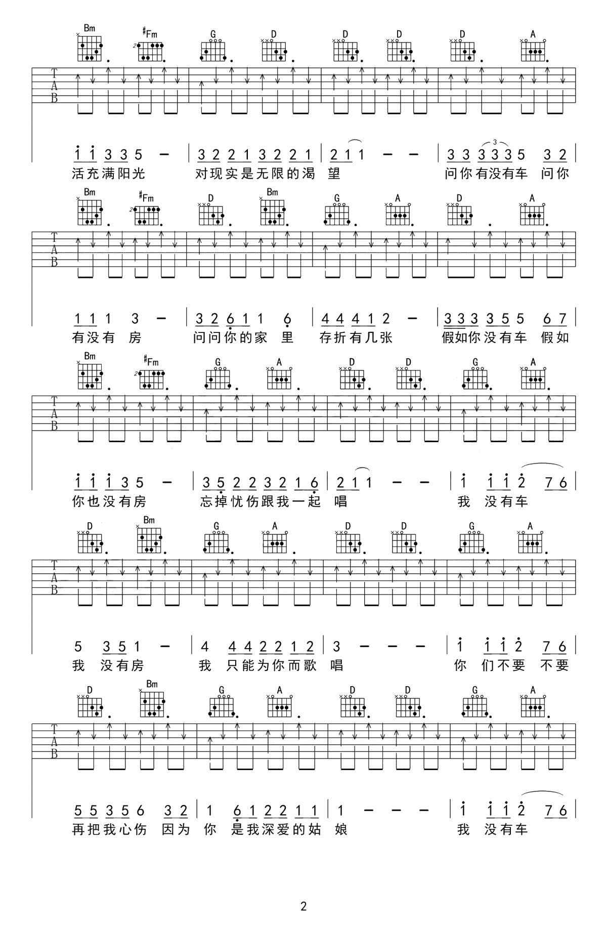 没有车没有房吉他谱-孙辉-D调弹唱谱-高清2