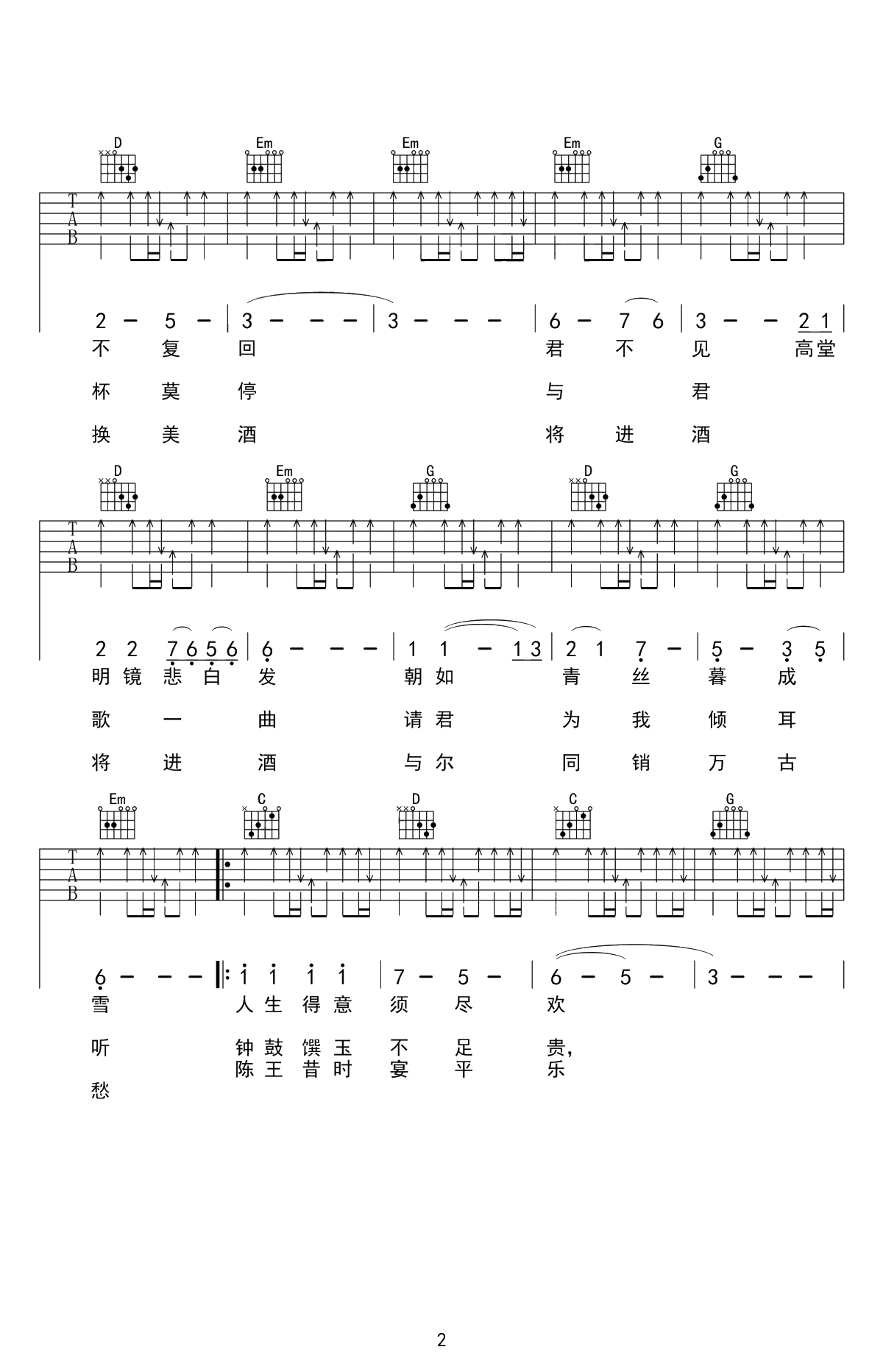 将进酒吉他谱-陈涌海-G调简单版-高清弹唱六线谱2