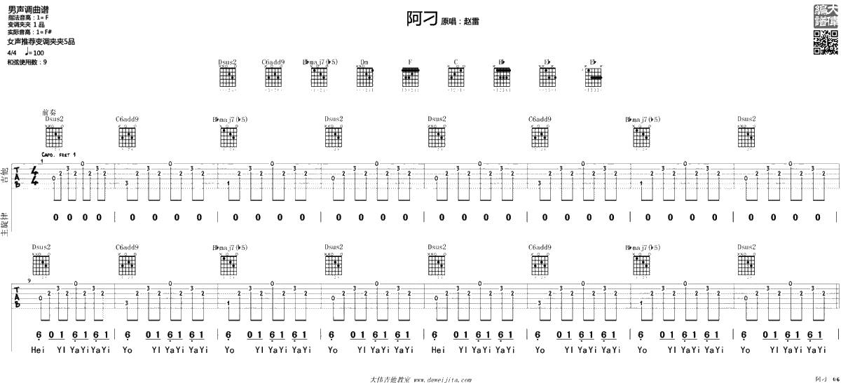 阿刁吉他谱-赵雷/张韶涵《阿刁》吉他弹唱-1