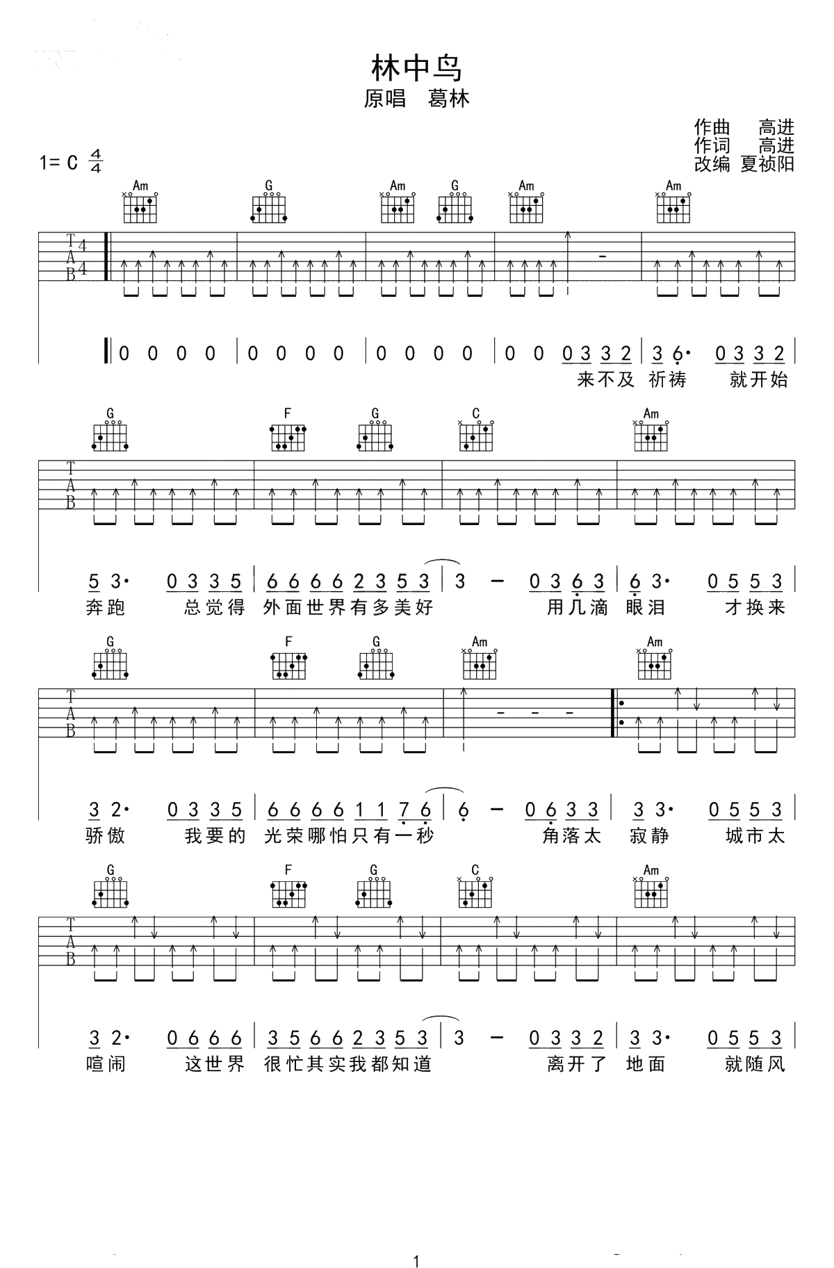 林中鸟吉他谱-葛林-C调六线谱-吉他弹唱1