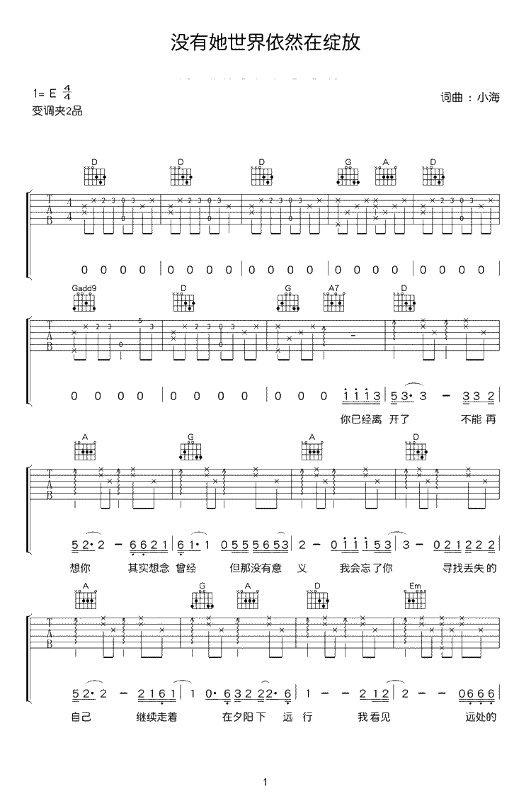 没有她世界依然在绽放吉他谱 小海 弹唱1