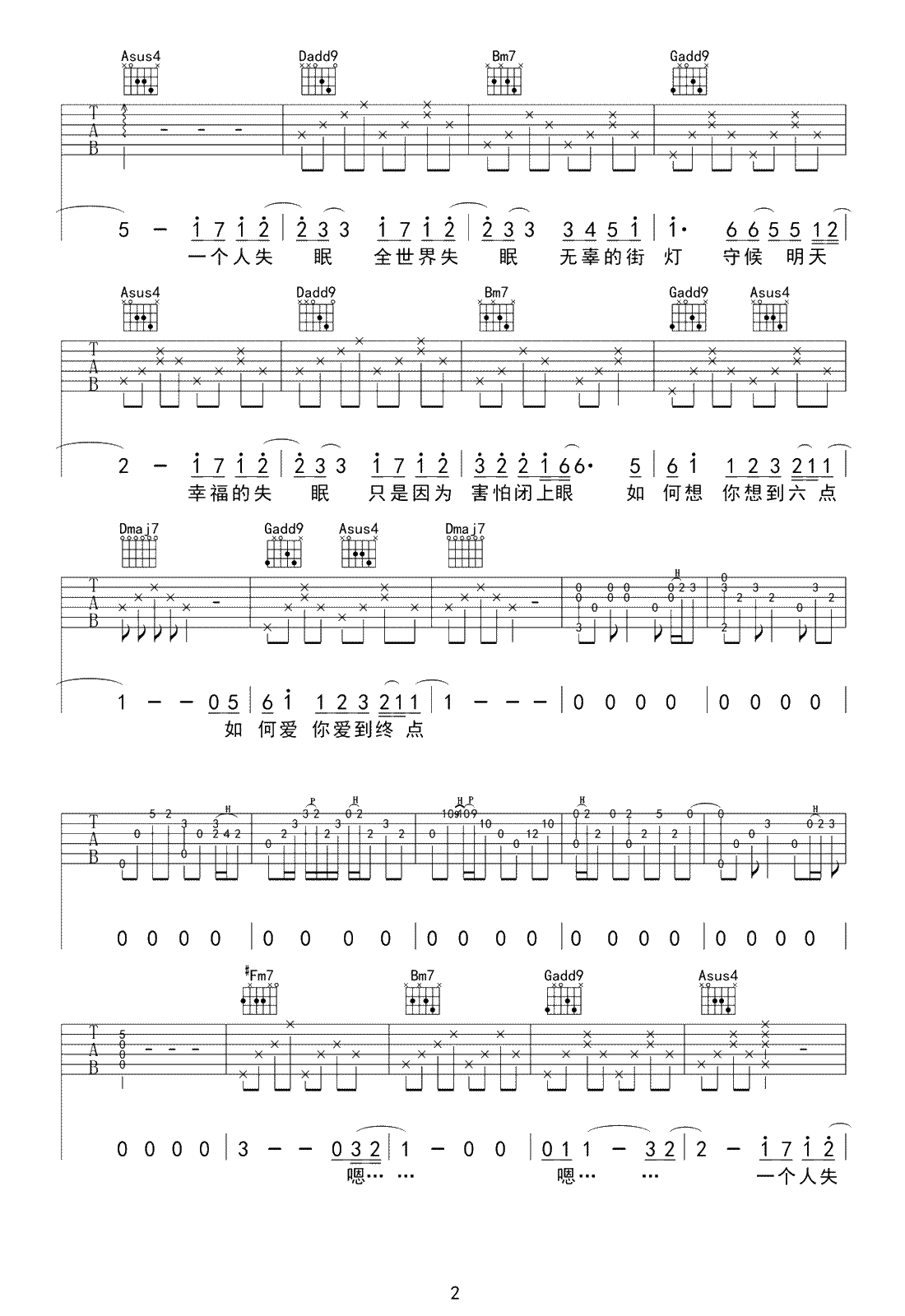 全世界失眠吉他谱 D调弹唱谱 陈奕迅2