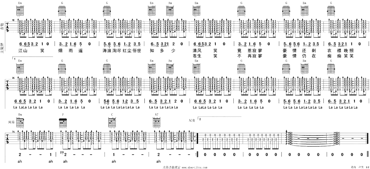 沧海一声笑吉他谱-许冠杰-高清六线谱-吉他弹唱2