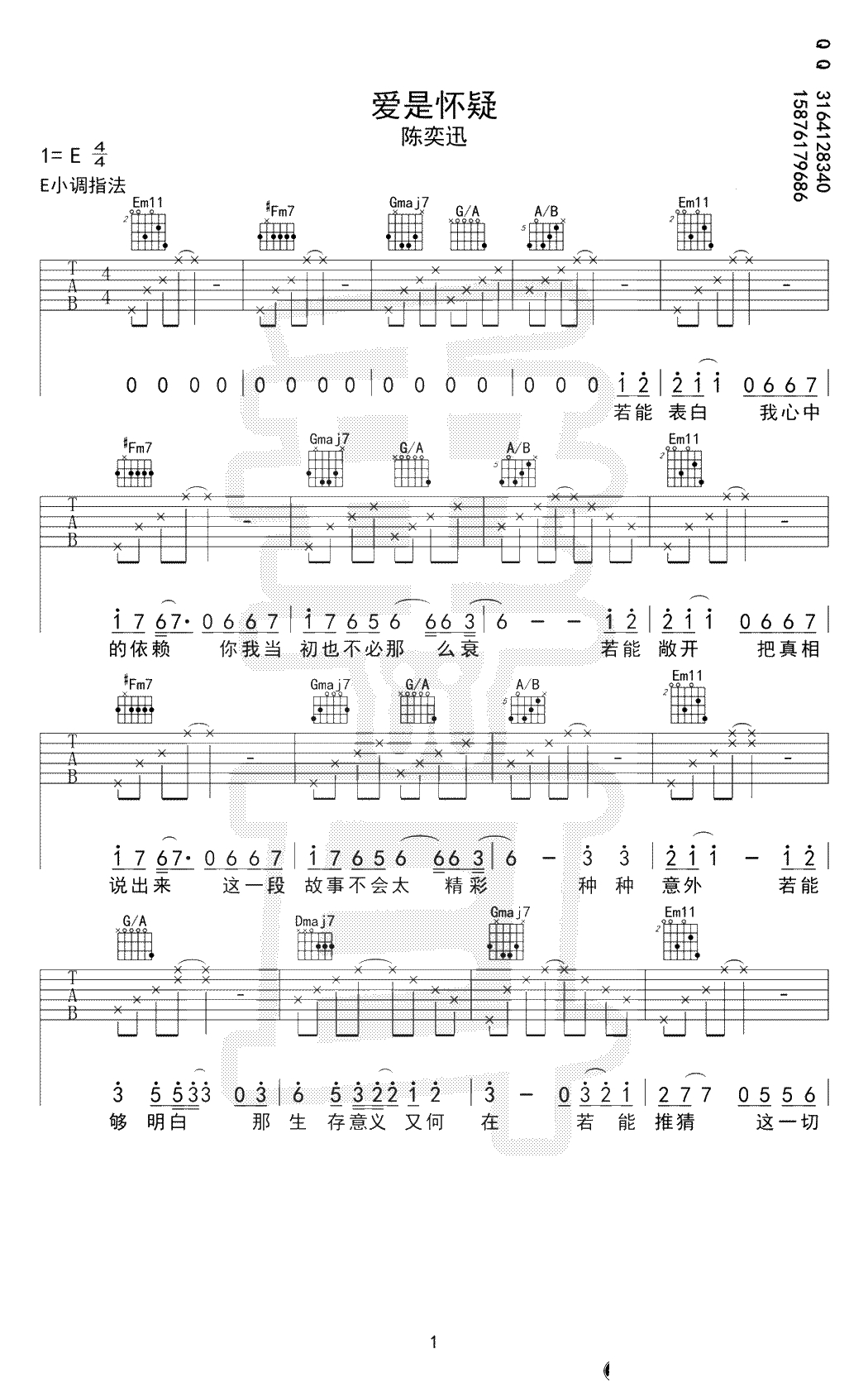 爱是怀疑吉他谱-陈奕迅-Funk版本弹唱谱-六线谱1