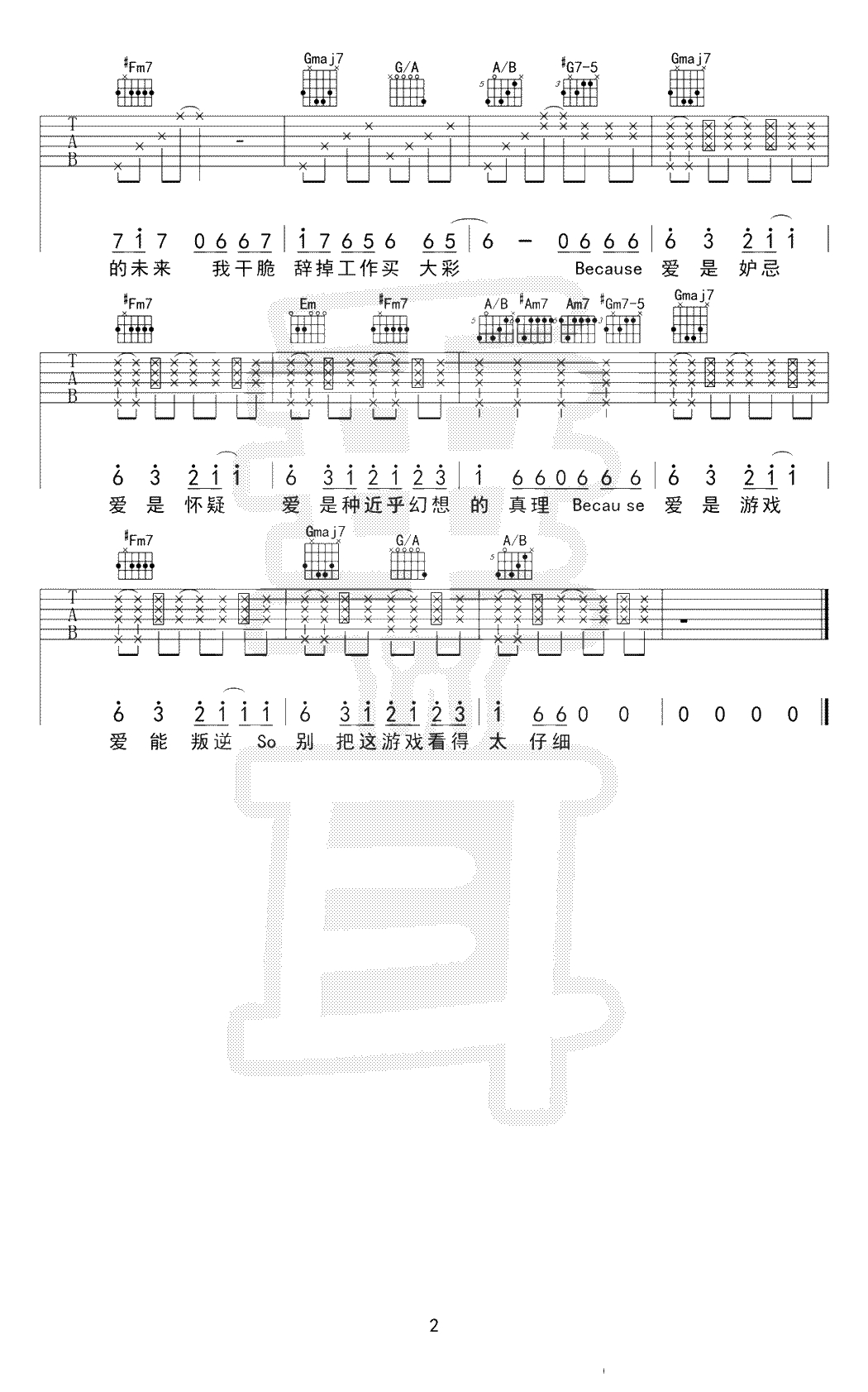 爱是怀疑吉他谱-陈奕迅-Funk版本弹唱谱-六线谱2